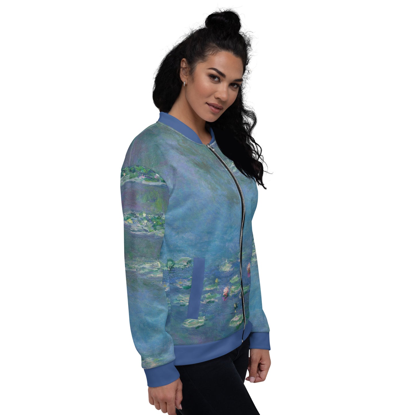 Lightweight unisex bomber style jacket printed with Claude Monet's 'Water Lilies'. Female model right side view.