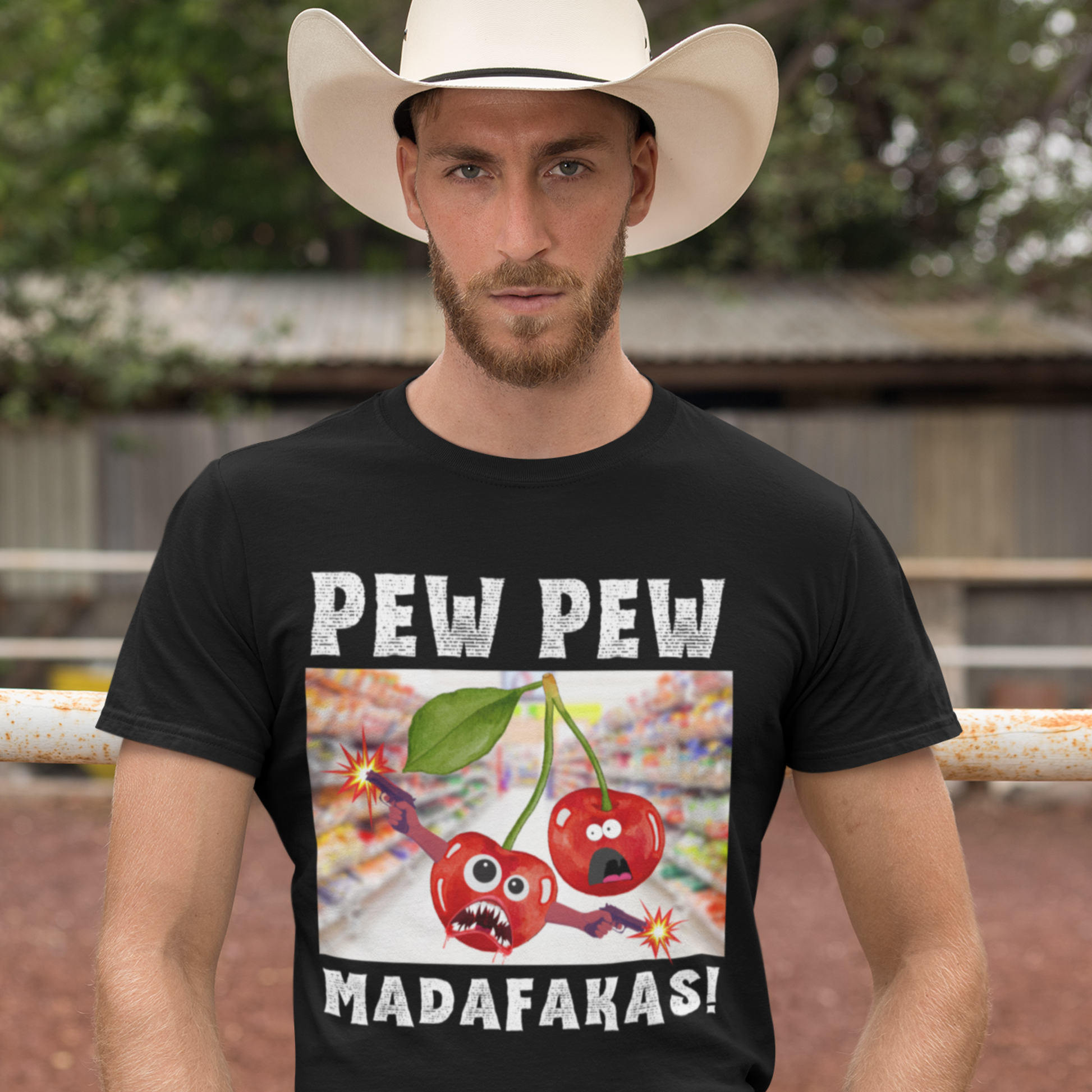 Cowboy wearing a Funny Pew Pew Madafakas T-shirt, cherry shoots up a supermarket design on black shirt