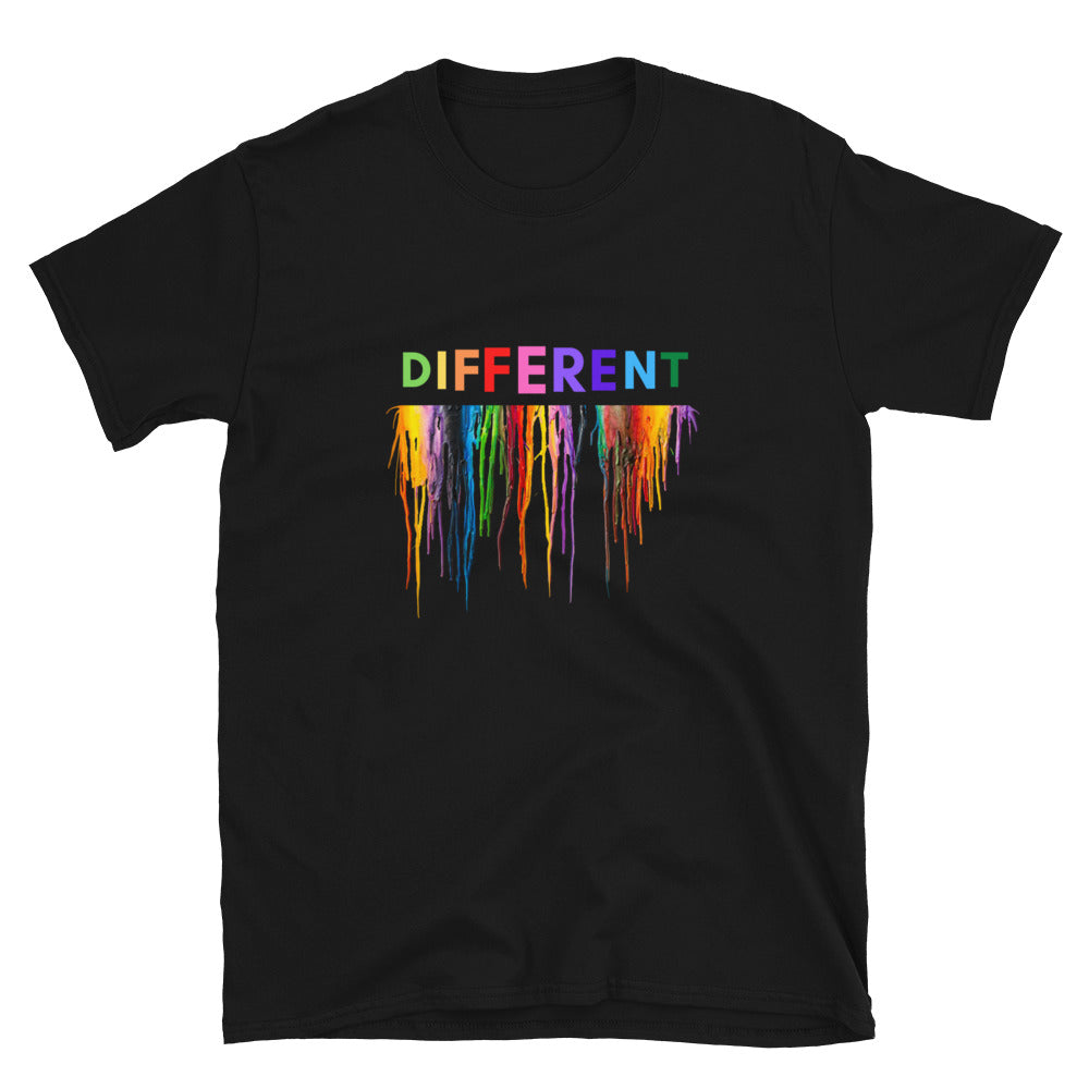 Black Tee shirt with a colorful print that reads Different with rainbow coloured wax melting beneath the letters