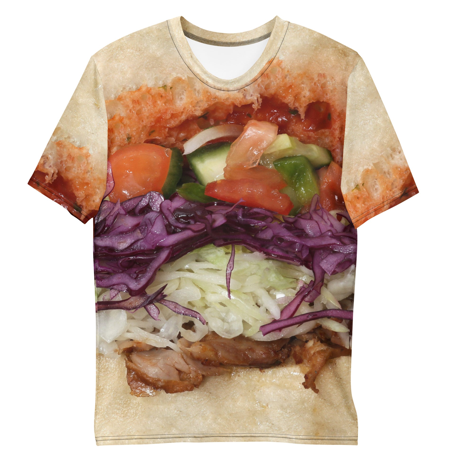 Doner kebab with chilli sauce and salad all over print men's T-shirt laid flat front view