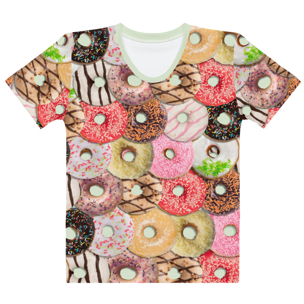 Colourful iced doughnuts all over print T-shirt, laid flat, front.