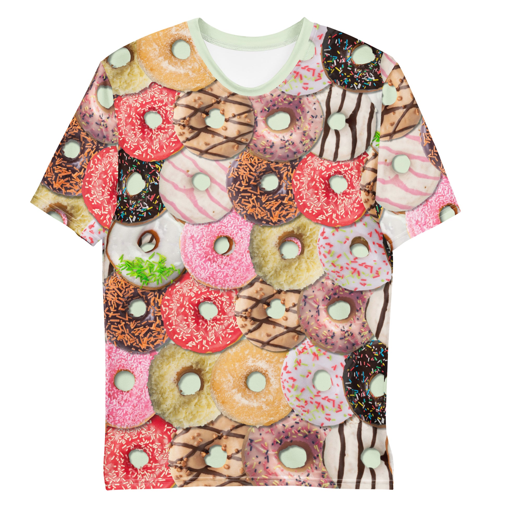 Men's all over print Iced Doughnuts T-shirt, laid flat, front.