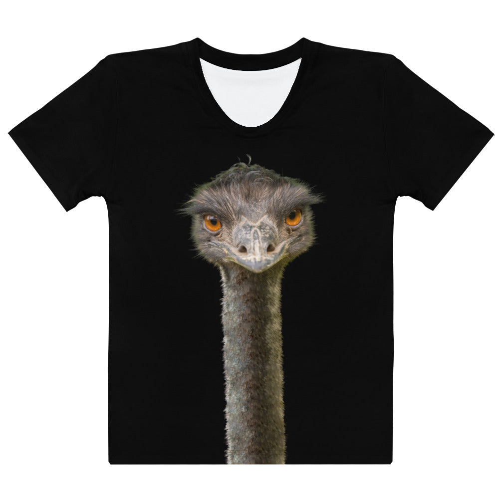 Black all over print novelty T-shirt with an Emu head and neck printed on the front and back, laid flat, front view