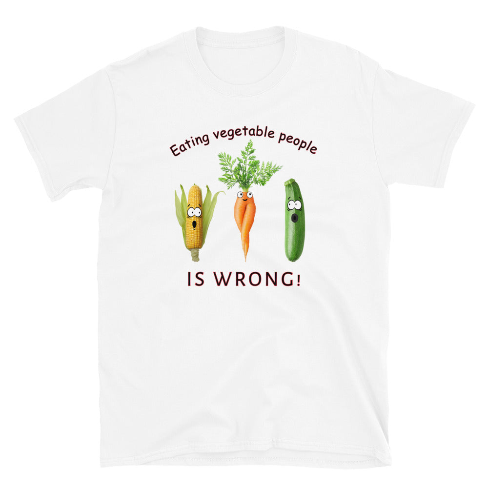 white Eating Vegetable People is Wrong! T-shirt with humanised vegetables.