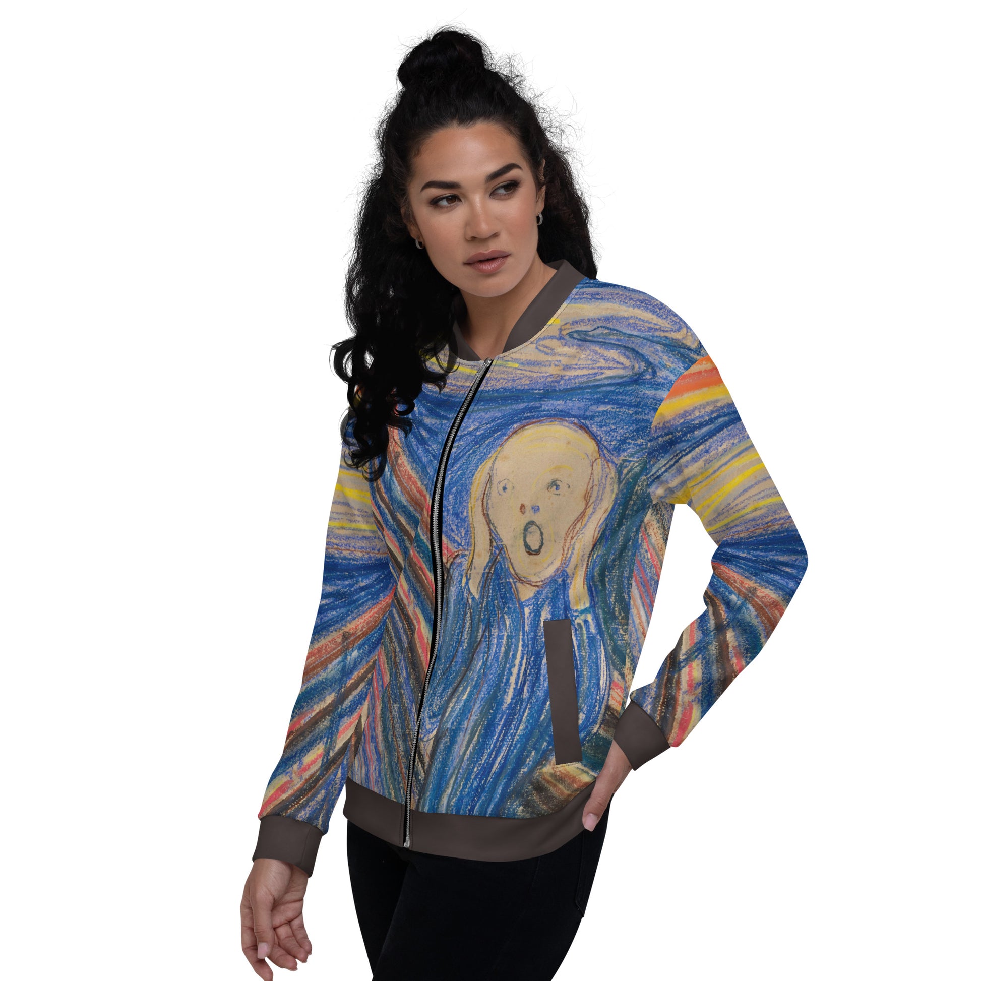 Lightweight bomber style jacket printed all over with Edvard Munch's The Scream. Female model side view.