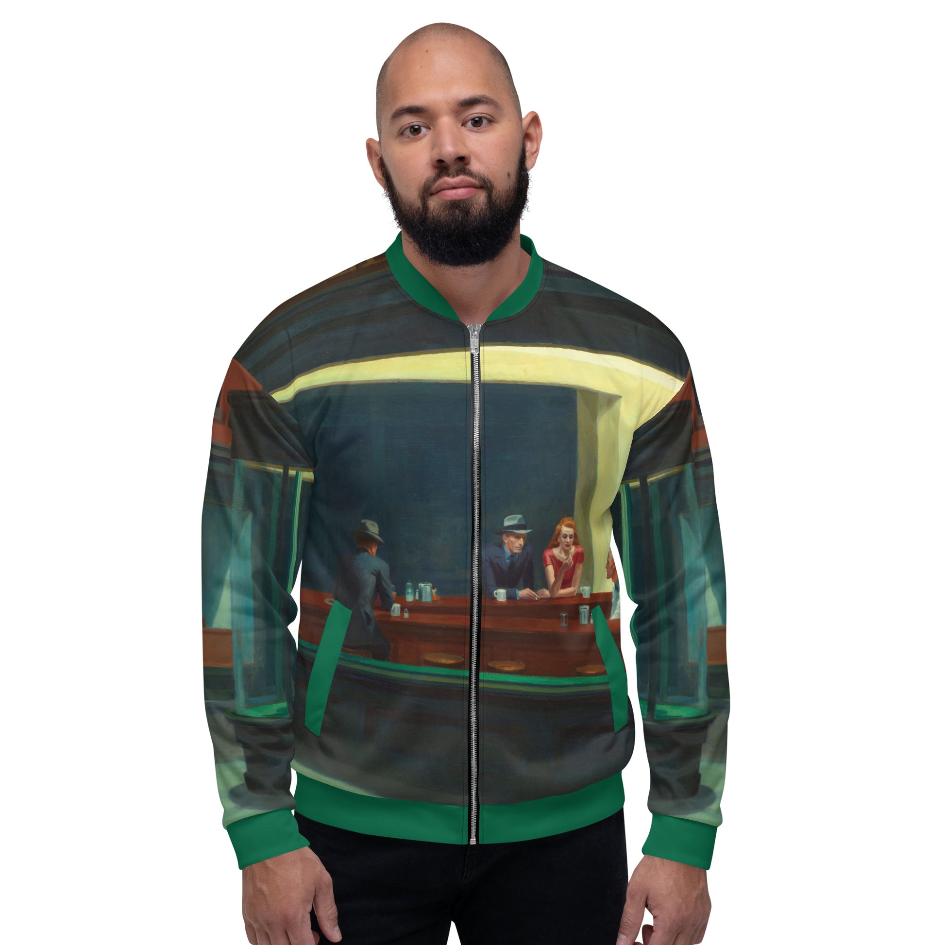 All over print lightweight bomber jacket featuring 'Nighthawks' by Edward Hopper. Male model front