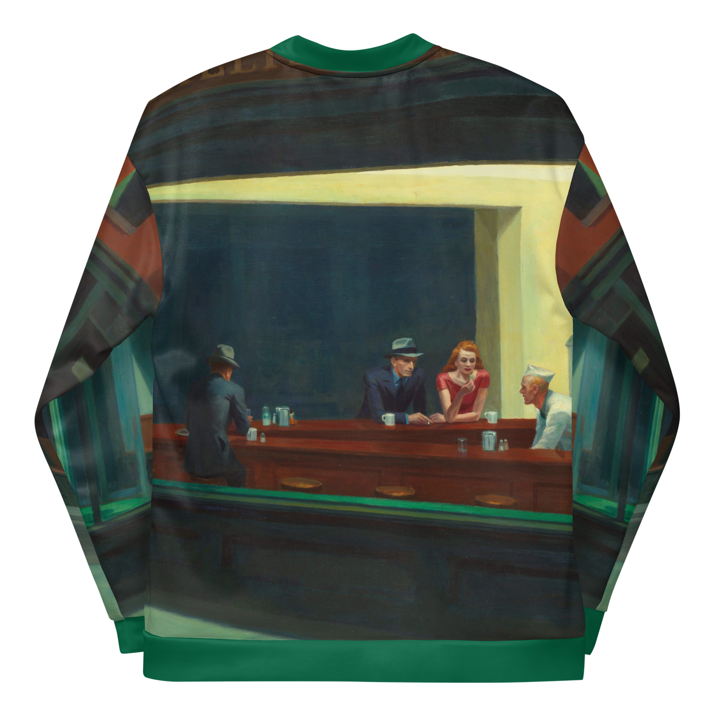 All over print lightweight bomber jacket featuring 'Nighthawks' by Edward Hopper.