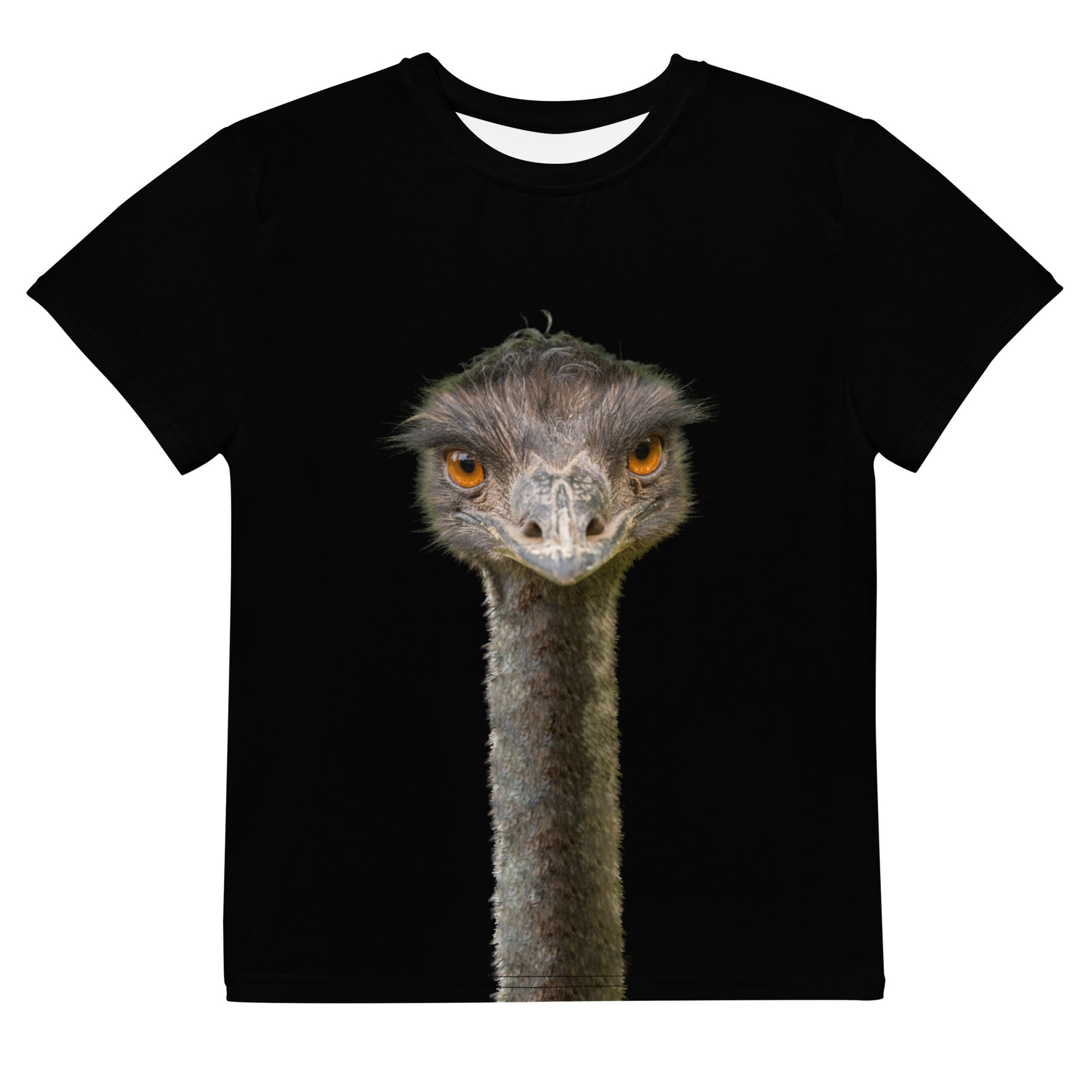 Black T-shirt with an Emus head and neck on the back and front, laid flat, front view