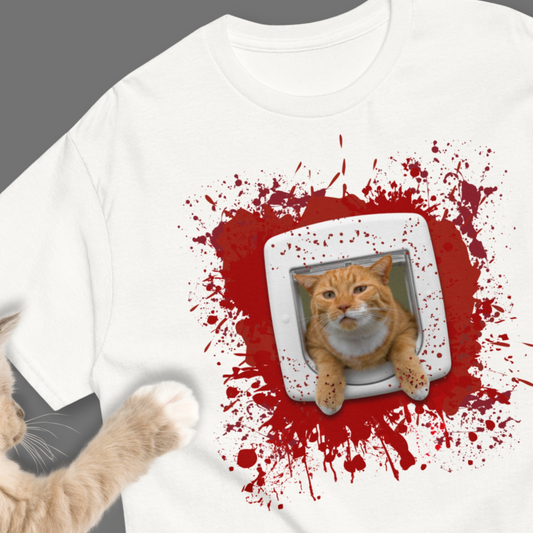 Funny Cat Flap T-shirt - Ginger Cat with Blood Splatters Horror Halloween Tee