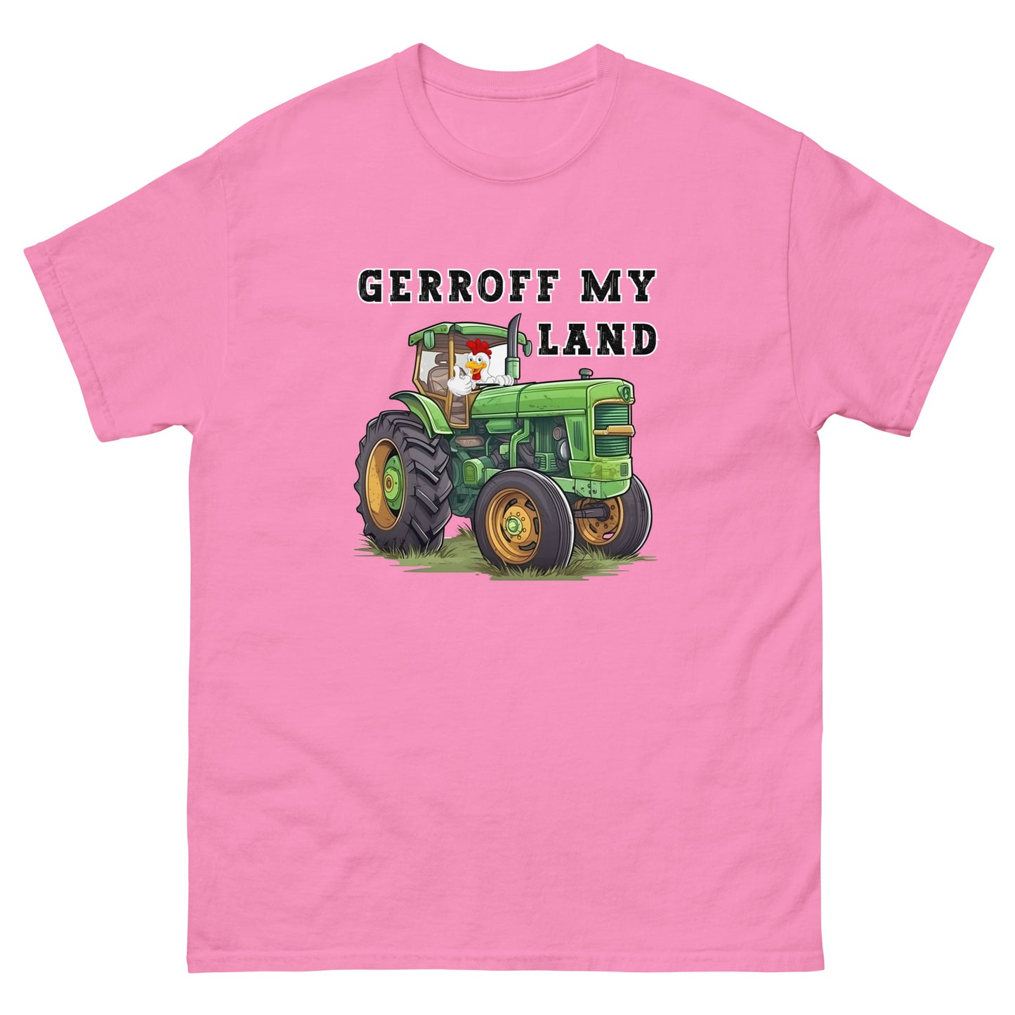 funny t-shirt with a green tractor with a cock in it with thumbs up that reads Gerroff My Land in azalea pink