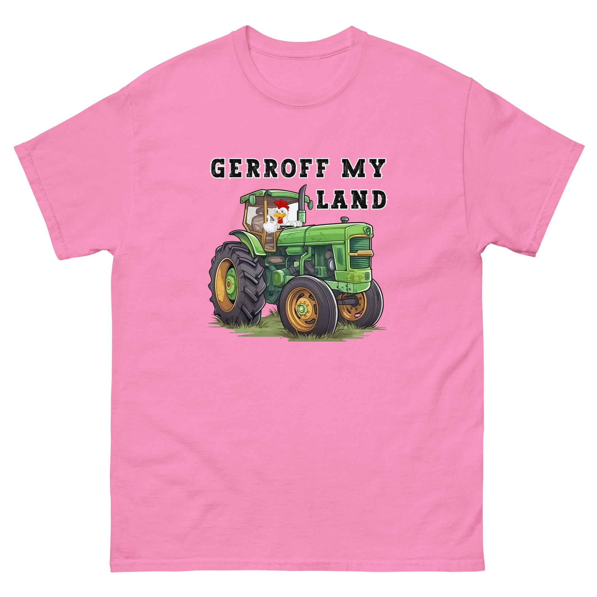 azalea pink funny t-shirt with a green tractor with a cock in it with thumbs up that reads Gerroff My Land