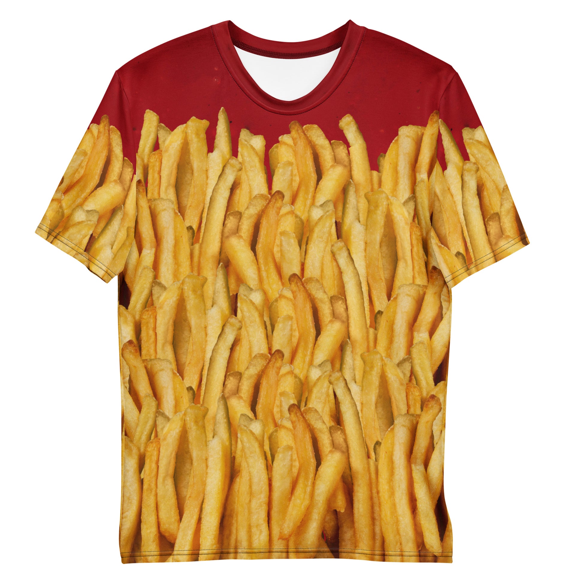 Men's all over print T-shirt with a ketchup base, then layered with golden french fries, delicious! Laid flat, front view.