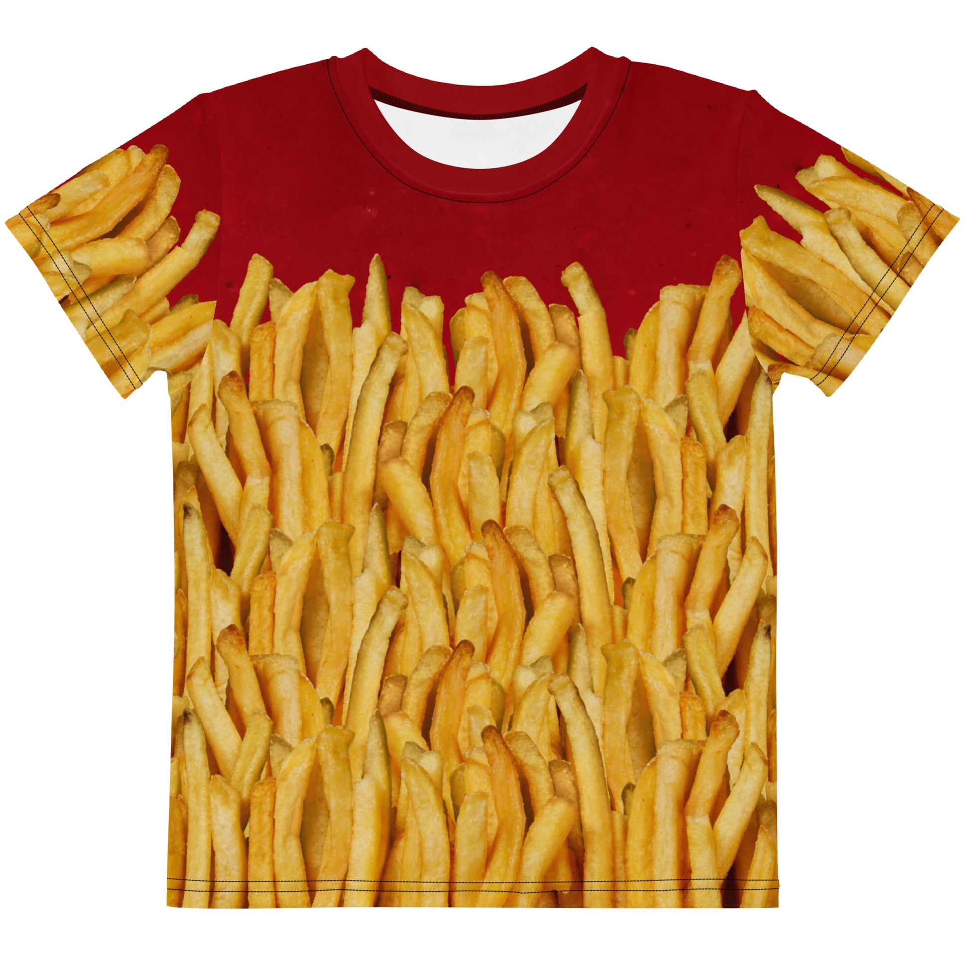 French fries and ketchup all over print T-shirt, laid flat, front view.