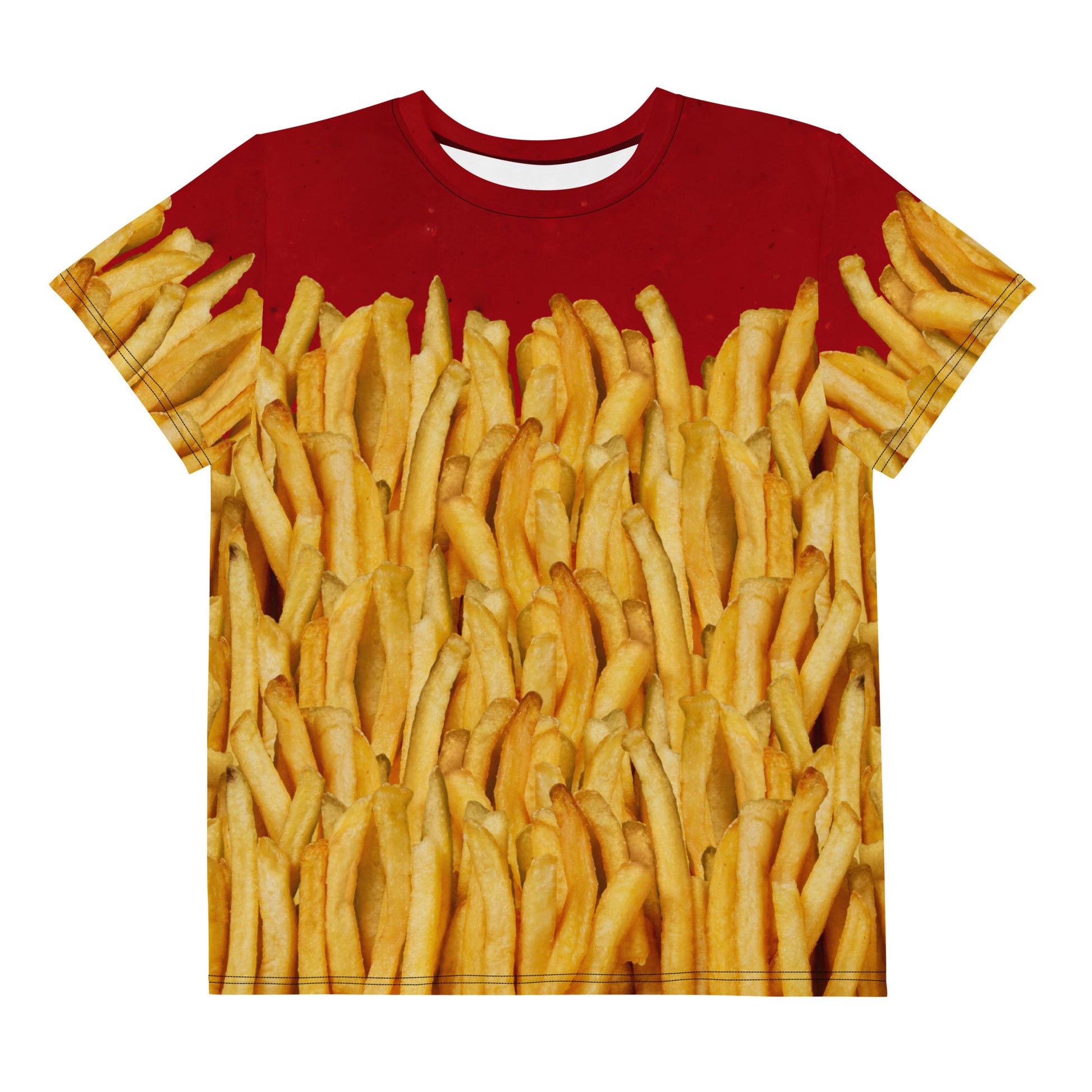 French fries and ketchup all over print T-shirt, laid flat, front.