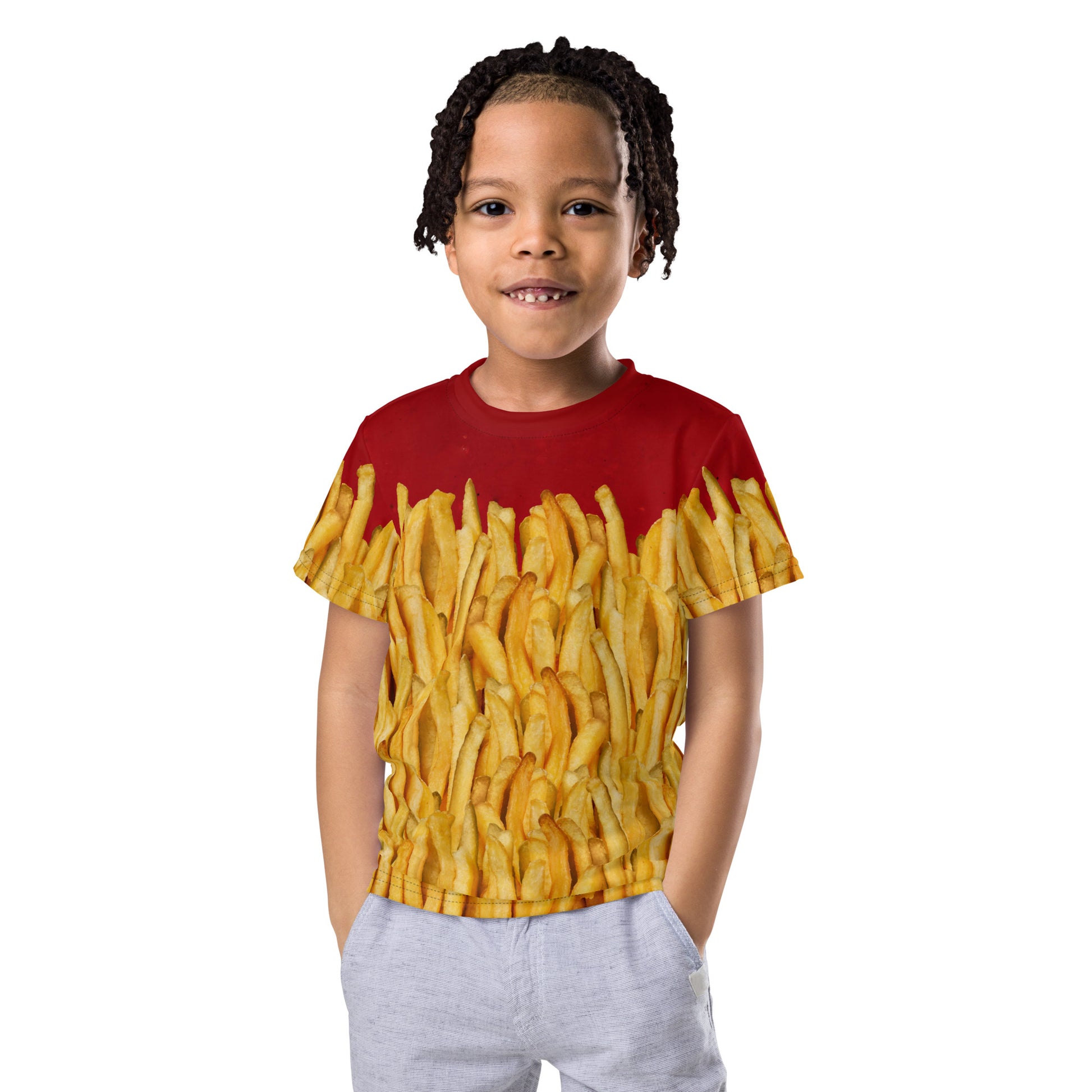 Little boy wearing a french fries and ketchup all over print T-shirt, facing forward