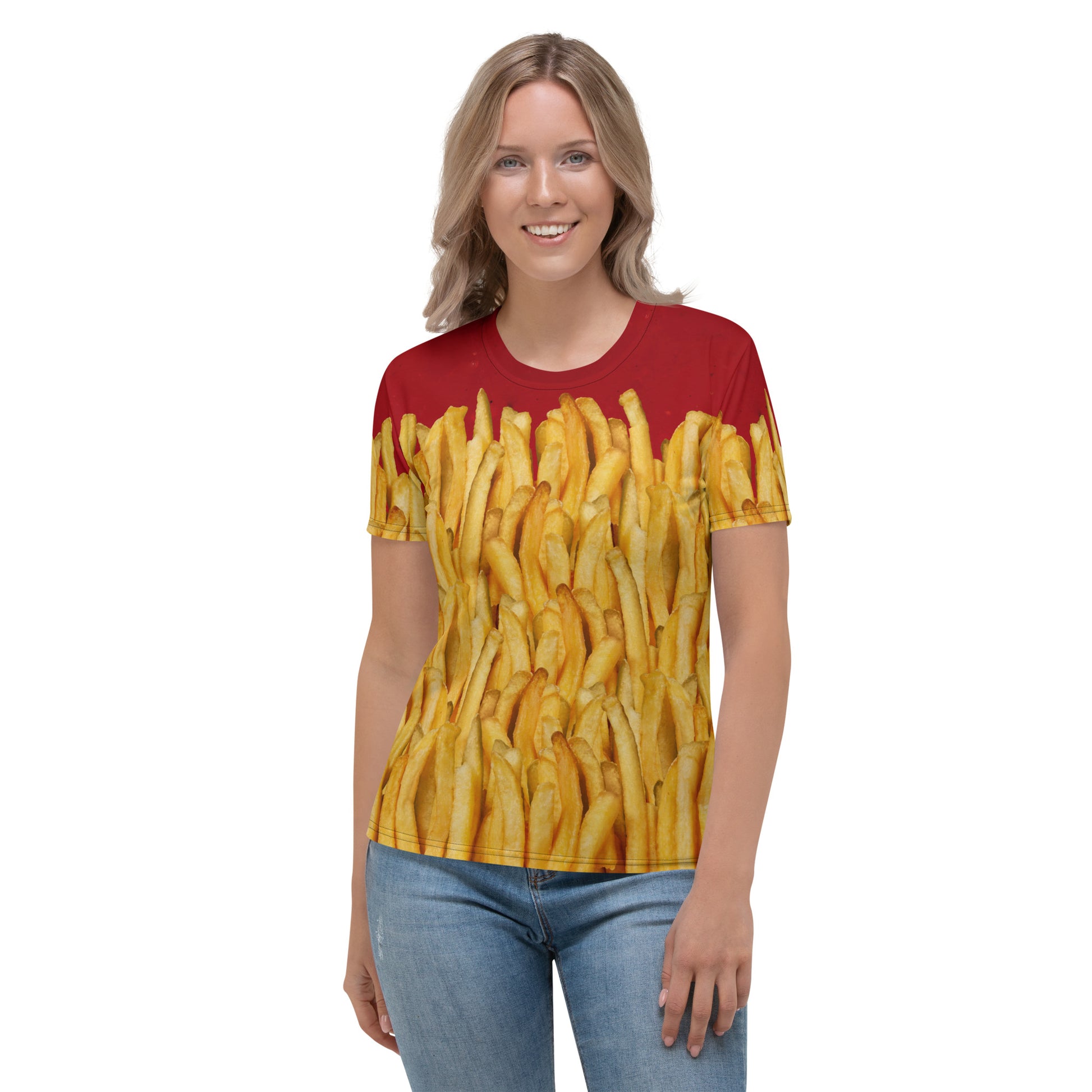 Woman wearing a Women's French fries and ketchup all over print T-shirt, front view.