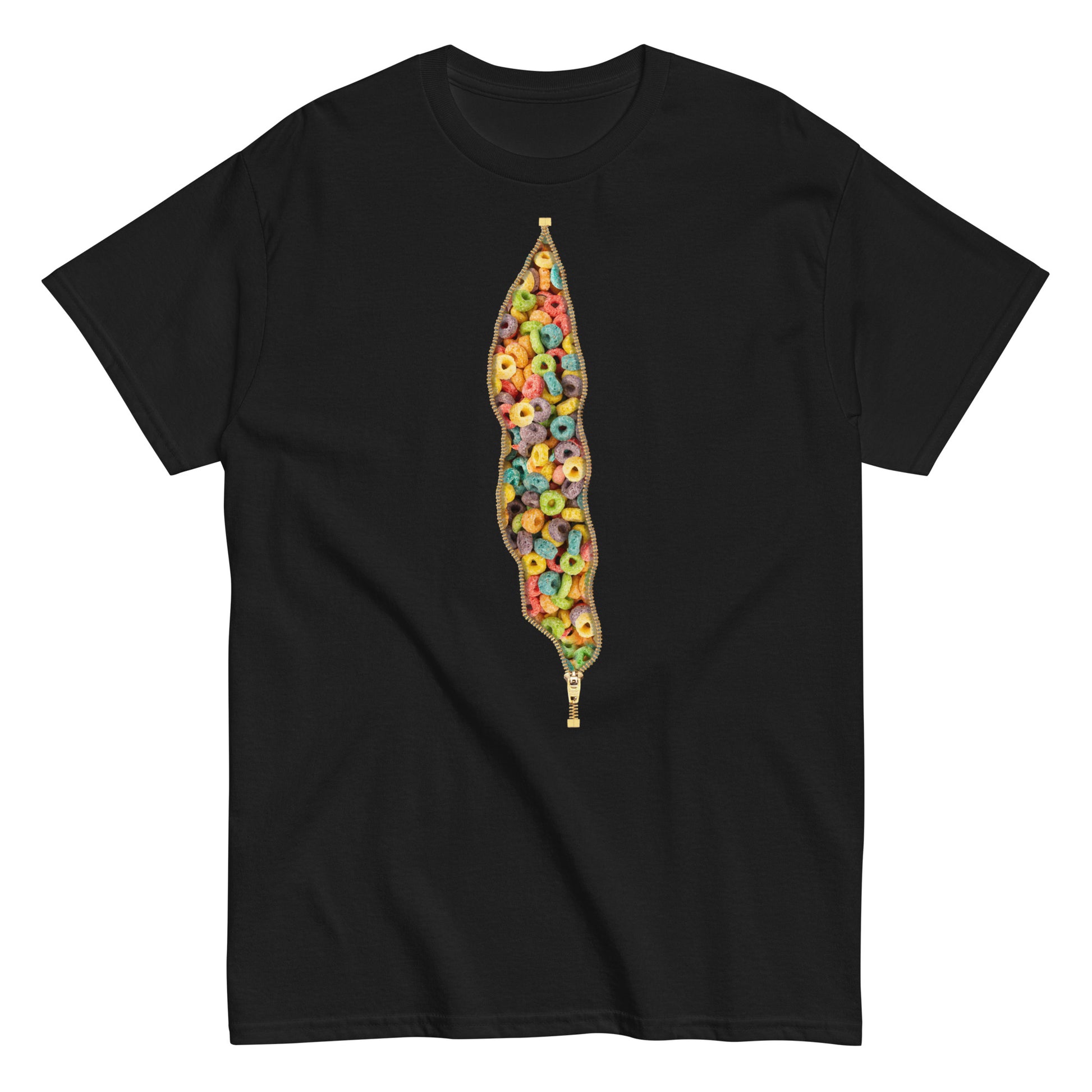 Black Tee shirt with Froot Loops behind an open zipper design.