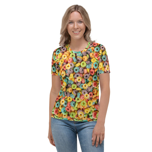 Woman wearing an all over print fruity loops cereal T-shirt facing forward