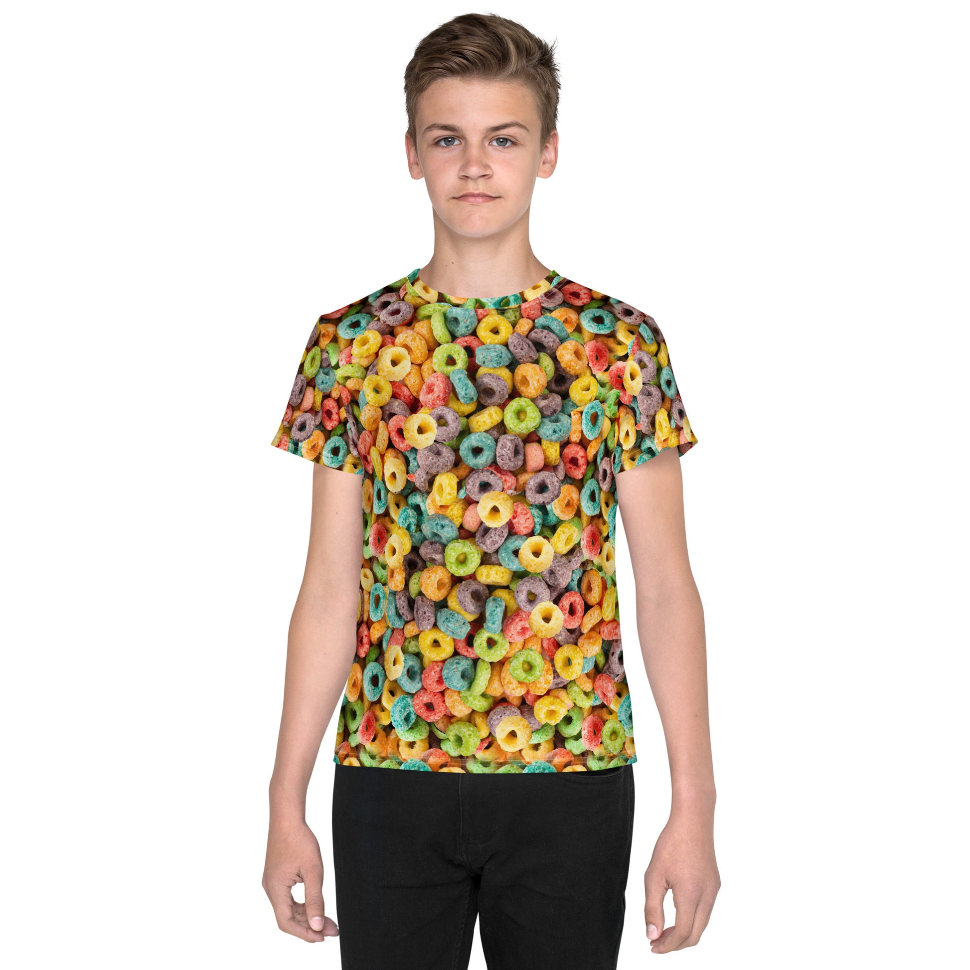 Teenage boy wearing fruity cereal hoops all over print T-shirt, front view