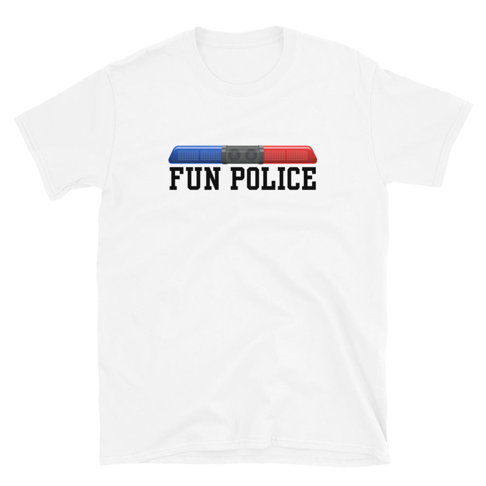 Fun Police with cop car lights T-shirt, white.