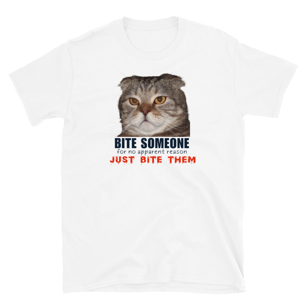 evil cat T-shirt with grumpy cat that reads Bite Someone, for no apparent reason, Just Bite Them, in white.