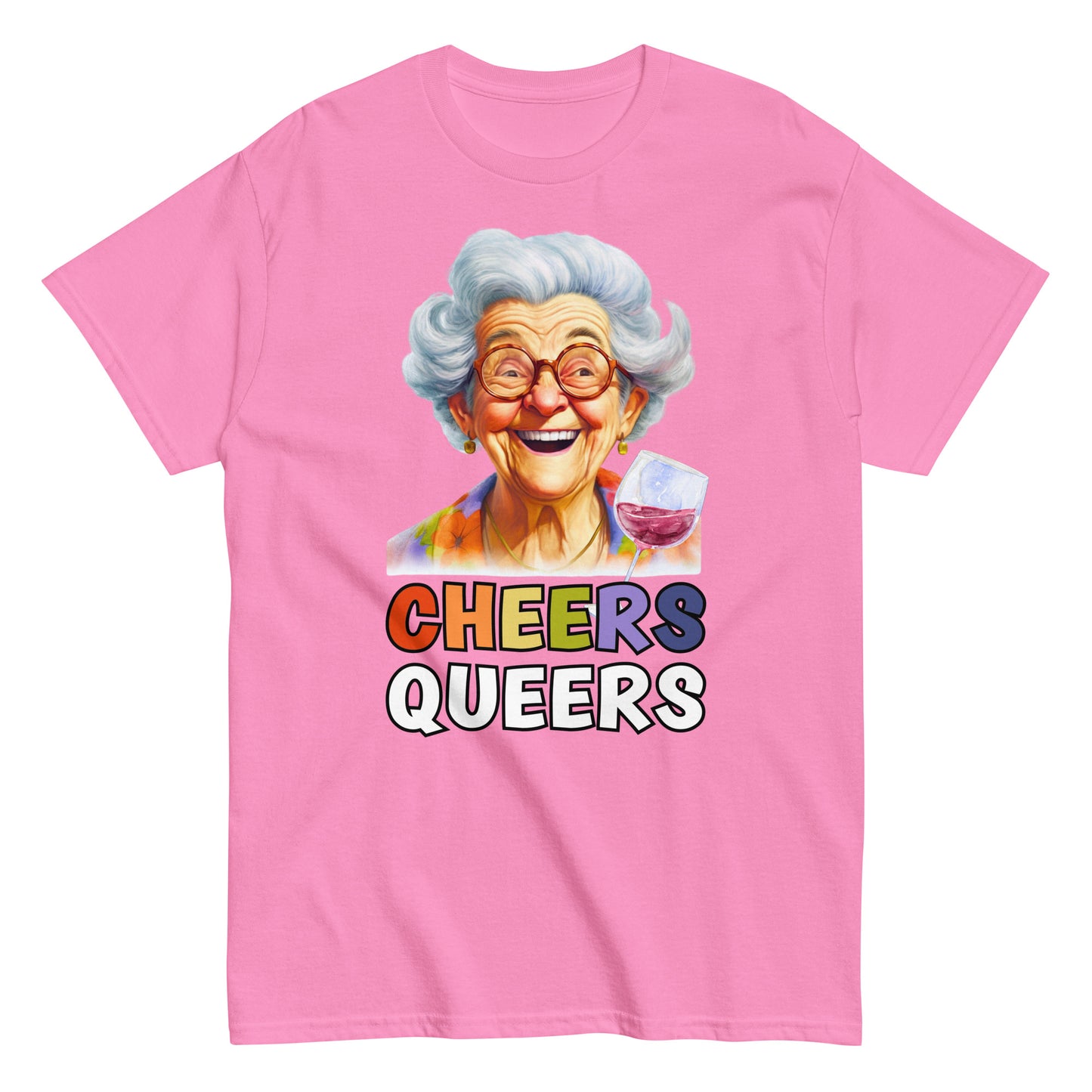 Funny Cheers Queers! T-shirt with an illustration of an elderly lady laughing and raising a glass, azalea pink