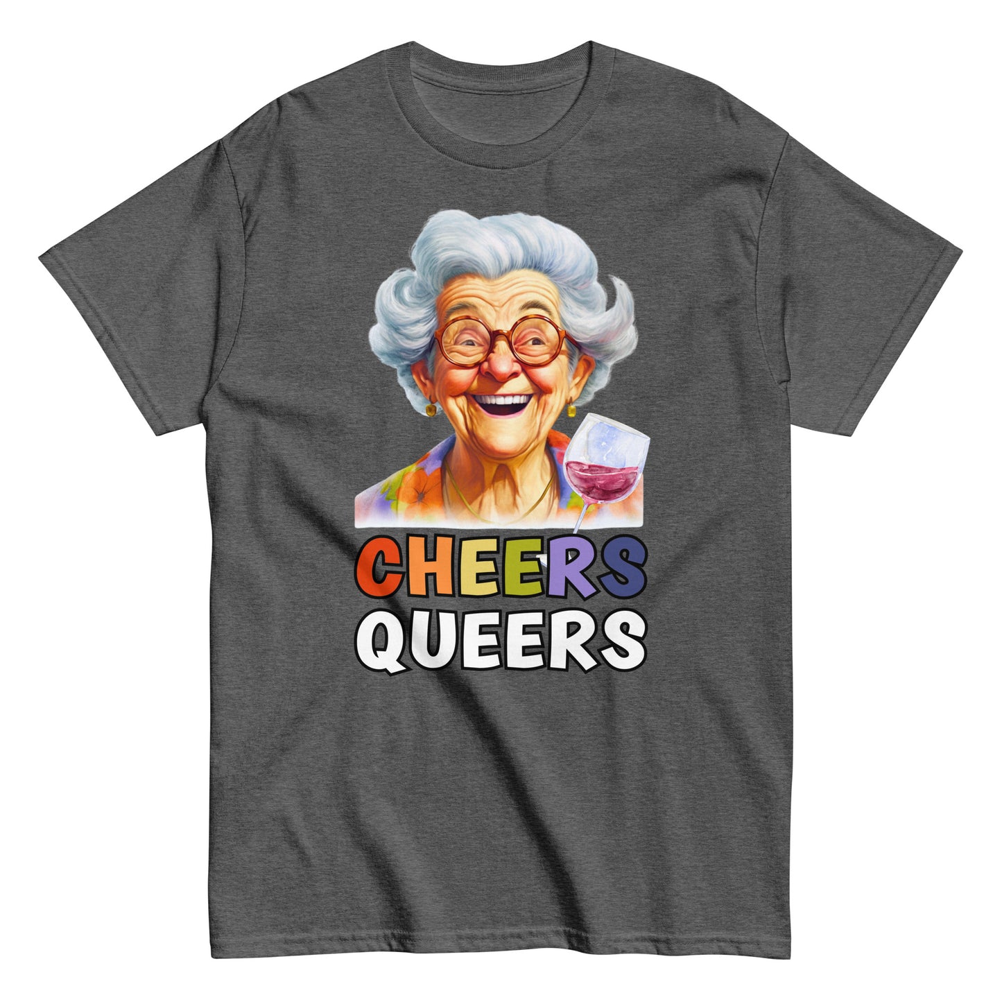 Funny Cheers Queers! T-shirt with an illustration of an elderly lady laughing and raising a glass, dark heather