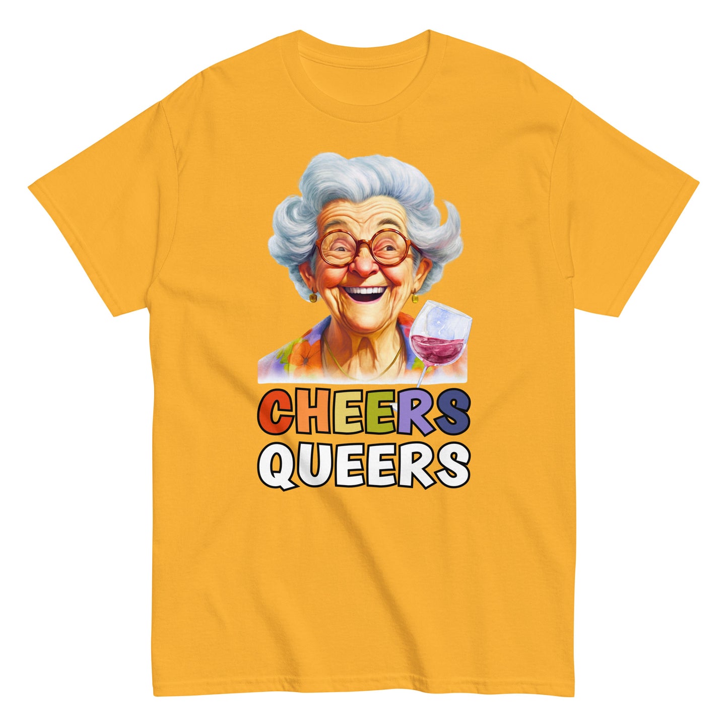 Funny Cheers Queers! T-shirt with an illustration of an elderly lady laughing and raising a glass, gold