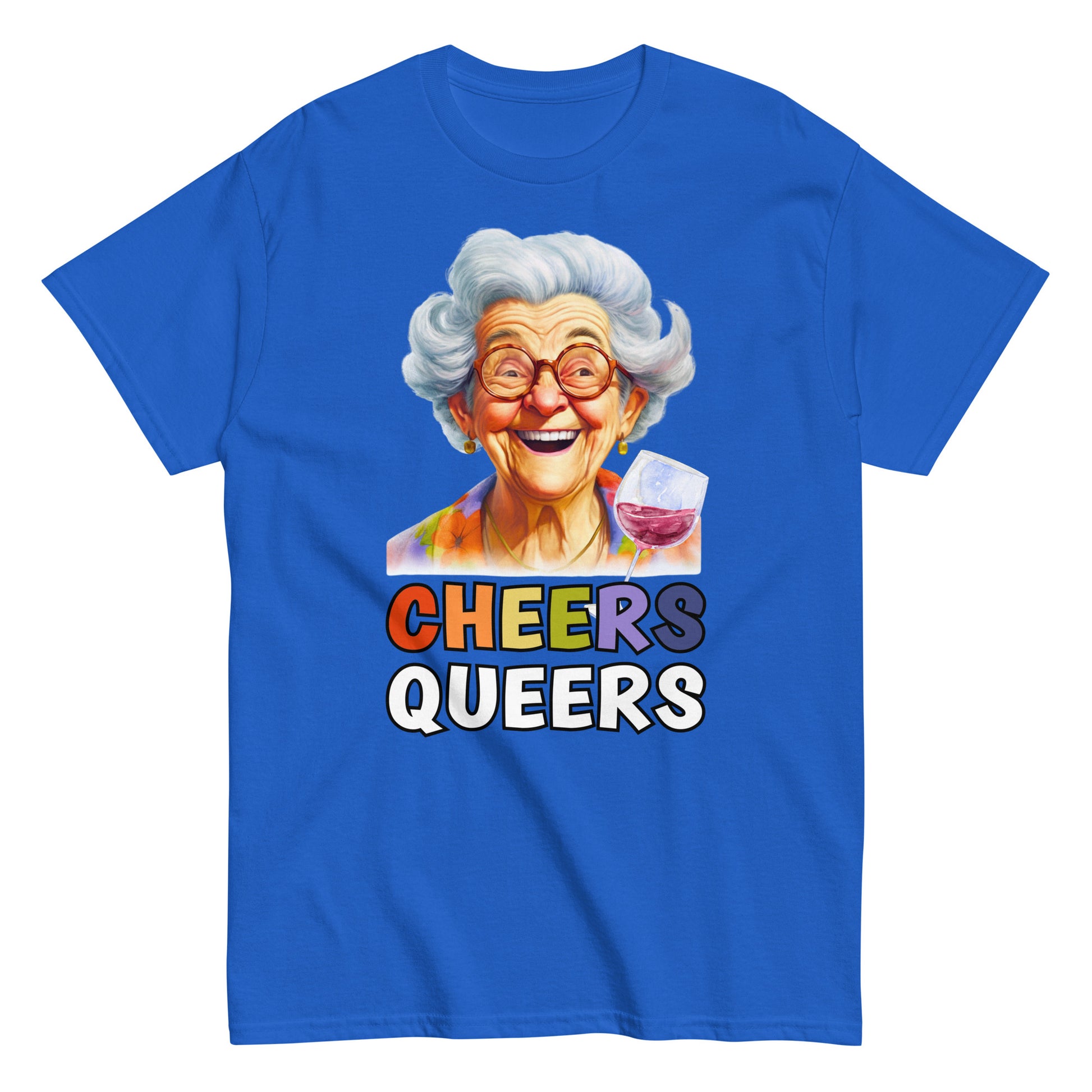 Funny Cheers Queers! T-shirt with an illustration of an elderly lady laughing and raising a glass. royal blue