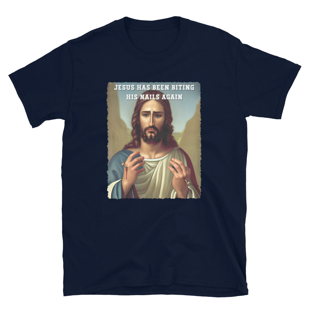 Jesus has been biting his nails again offensive Jesus T-shirt, navy