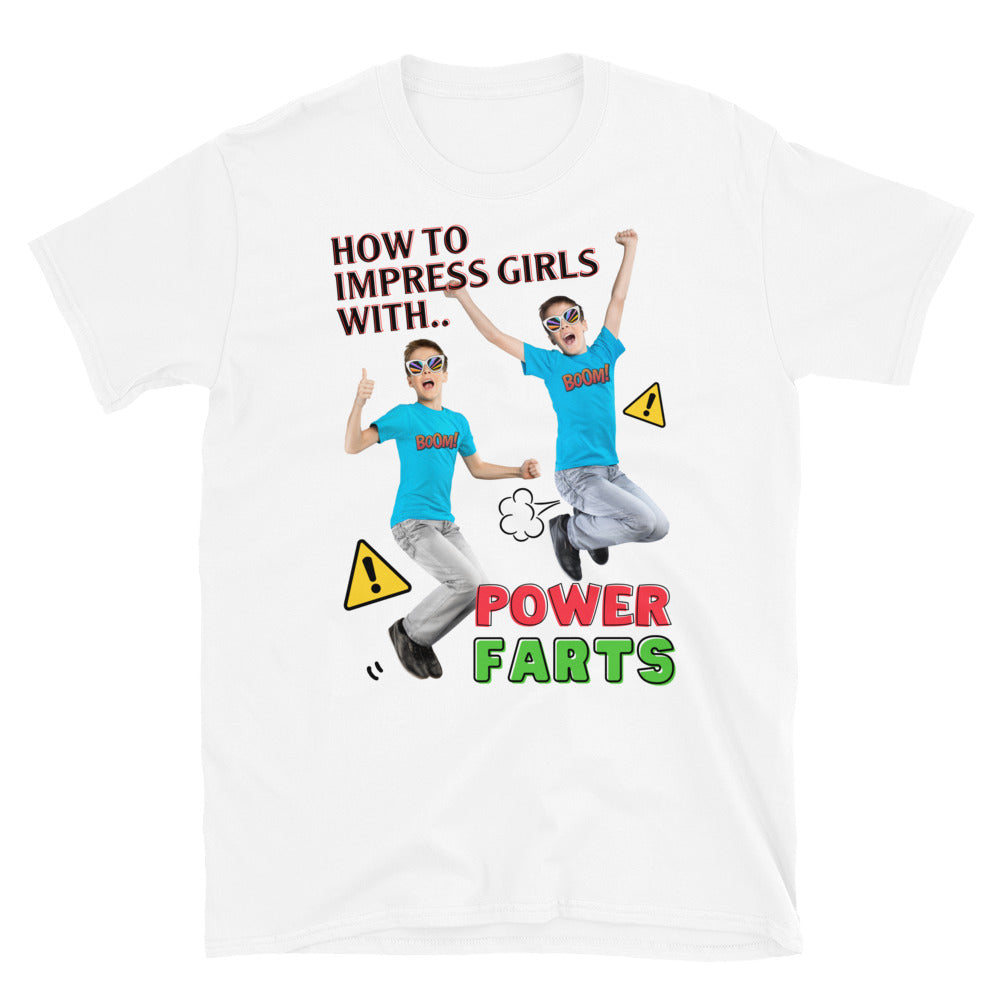 Funny white T-shirt with a boy jumping in the air and farting that reads How To Impress Girls With Power Farts.