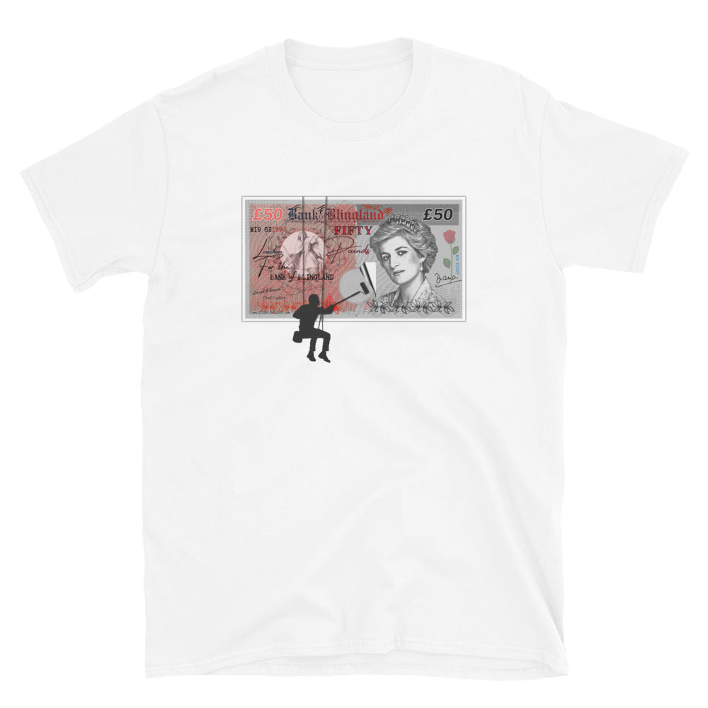 White T-shirt featuring a spoof £50 note with Princess Diana on it.