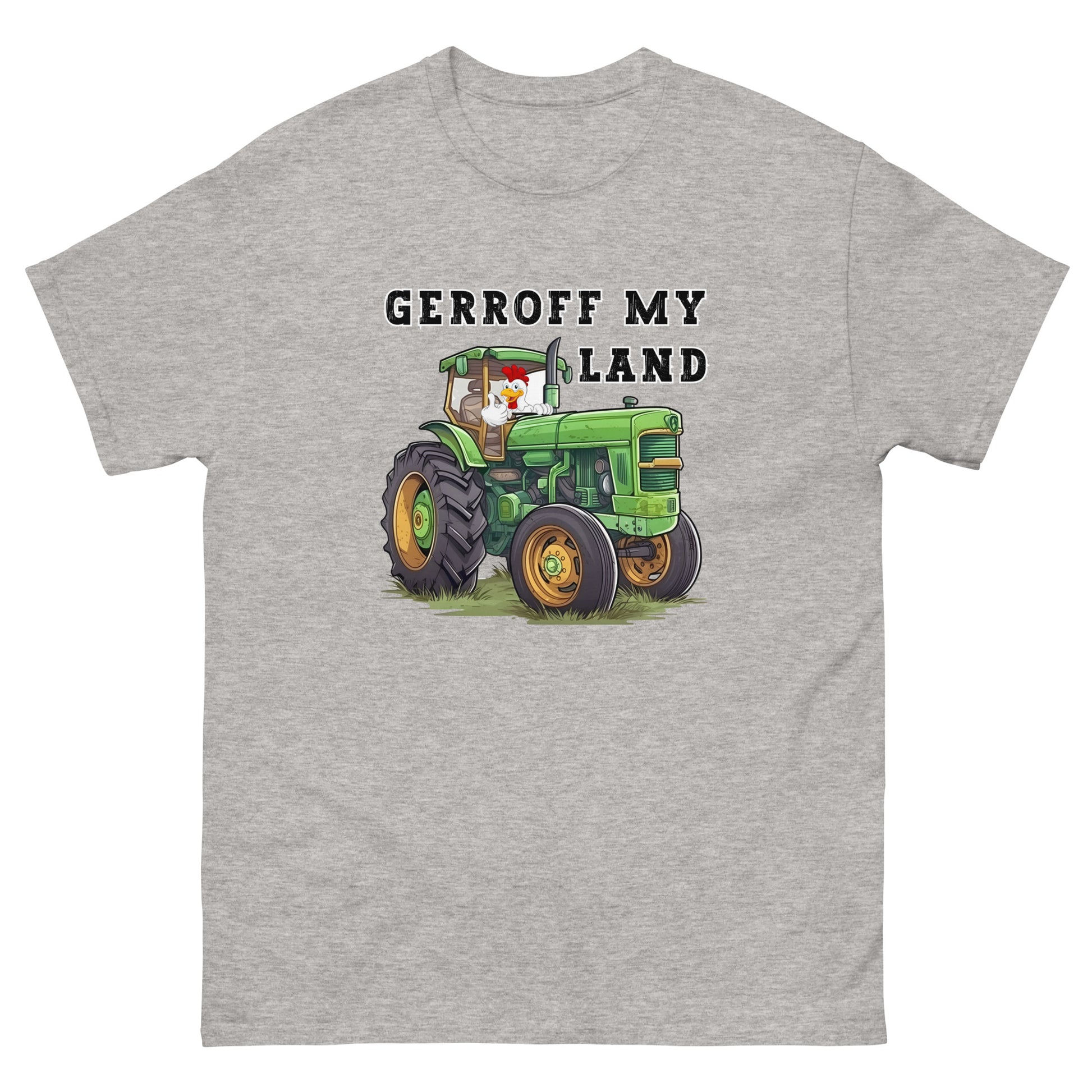 funny t-shirt with a green tractor with a cock in it with thumbs up that reads Gerroff My Land, in sport grey.