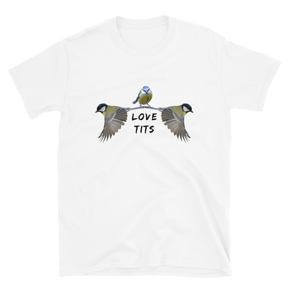 Funny Love Tits Wild Birds T-shirt, white, laid flat