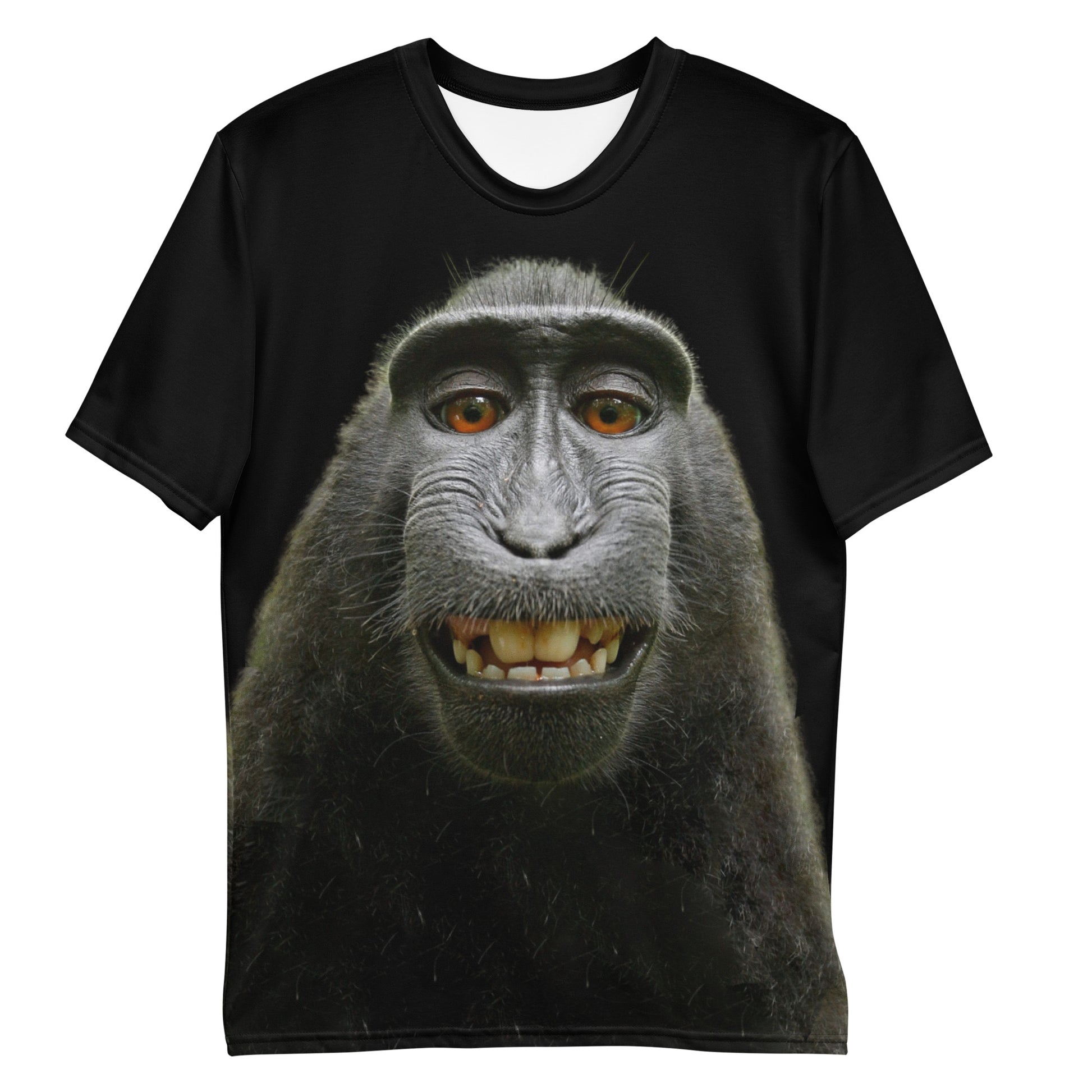 Funny monkey face all over print men's T-shirt, laid flat, front.