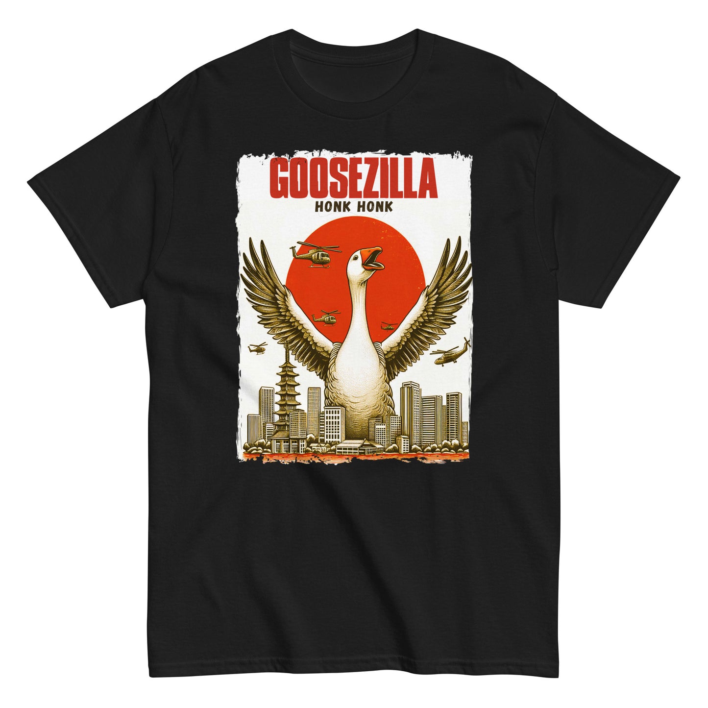 Funny Goosezilla Godzilla Spoof T-shirt, Honk Honk, black.
