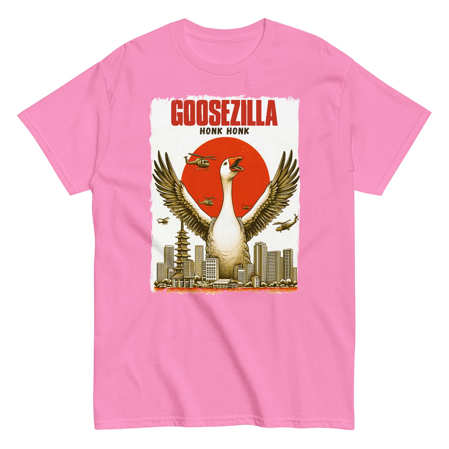 Funny Goosezilla Godzilla Spoof T-shirt, Honk Honk, azalea pink.