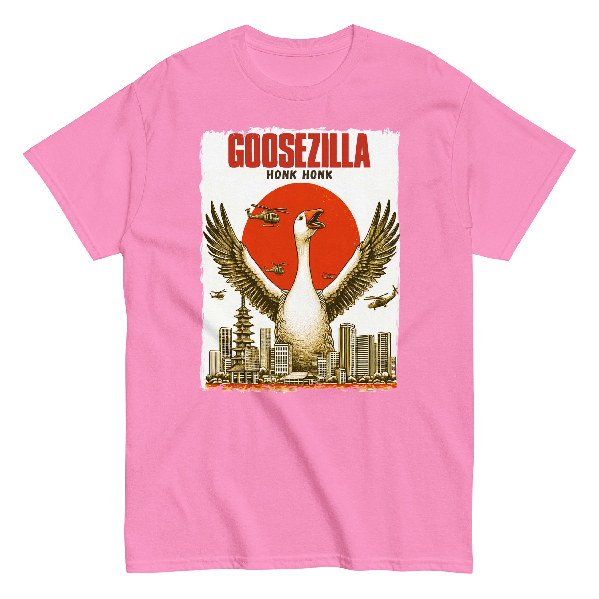 Funny Goosezilla Godzilla Spoof T-shirt, Honk Honk, azalea pink.