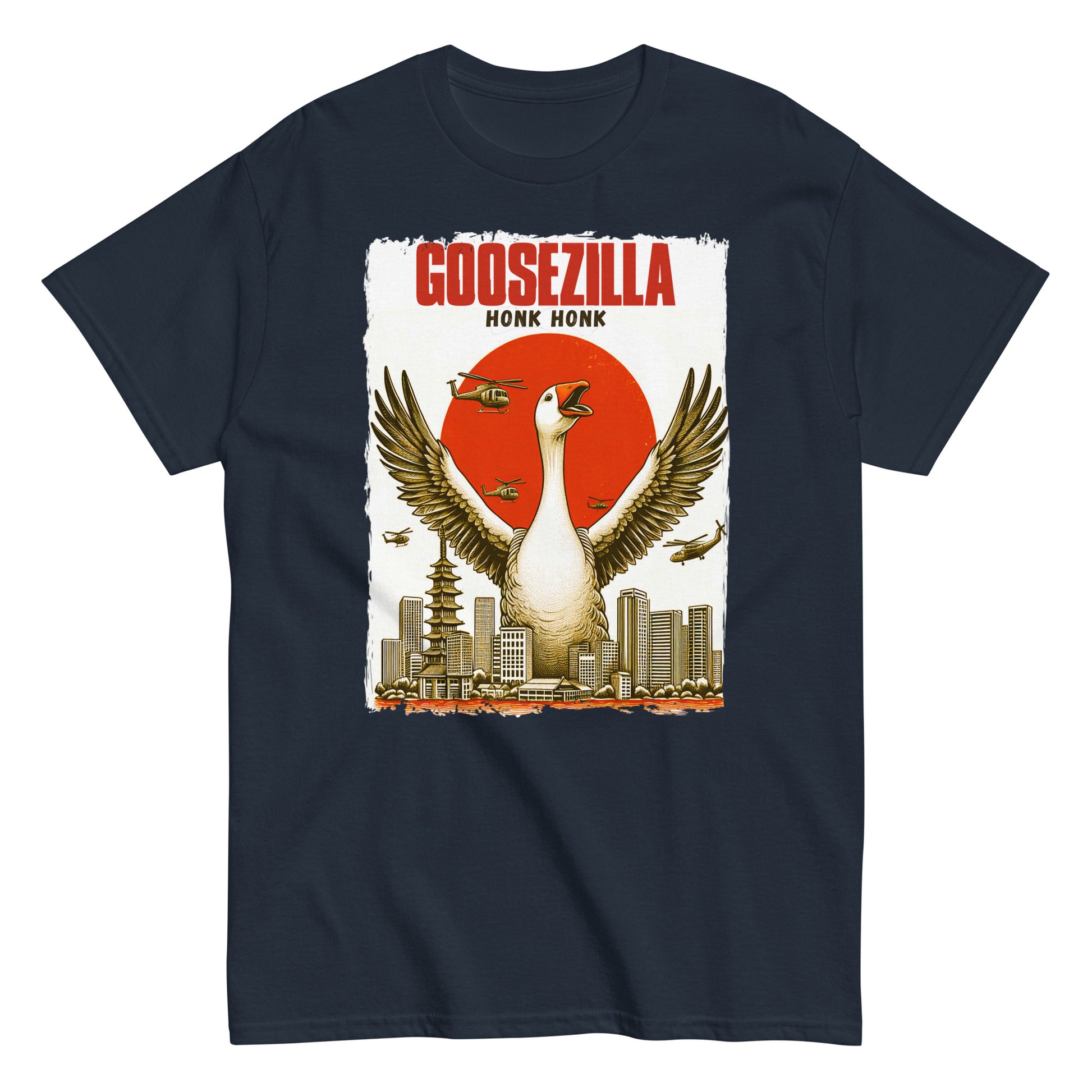 Funny Goosezilla Godzilla Spoof T-shirt, Honk Honk, navy blue.