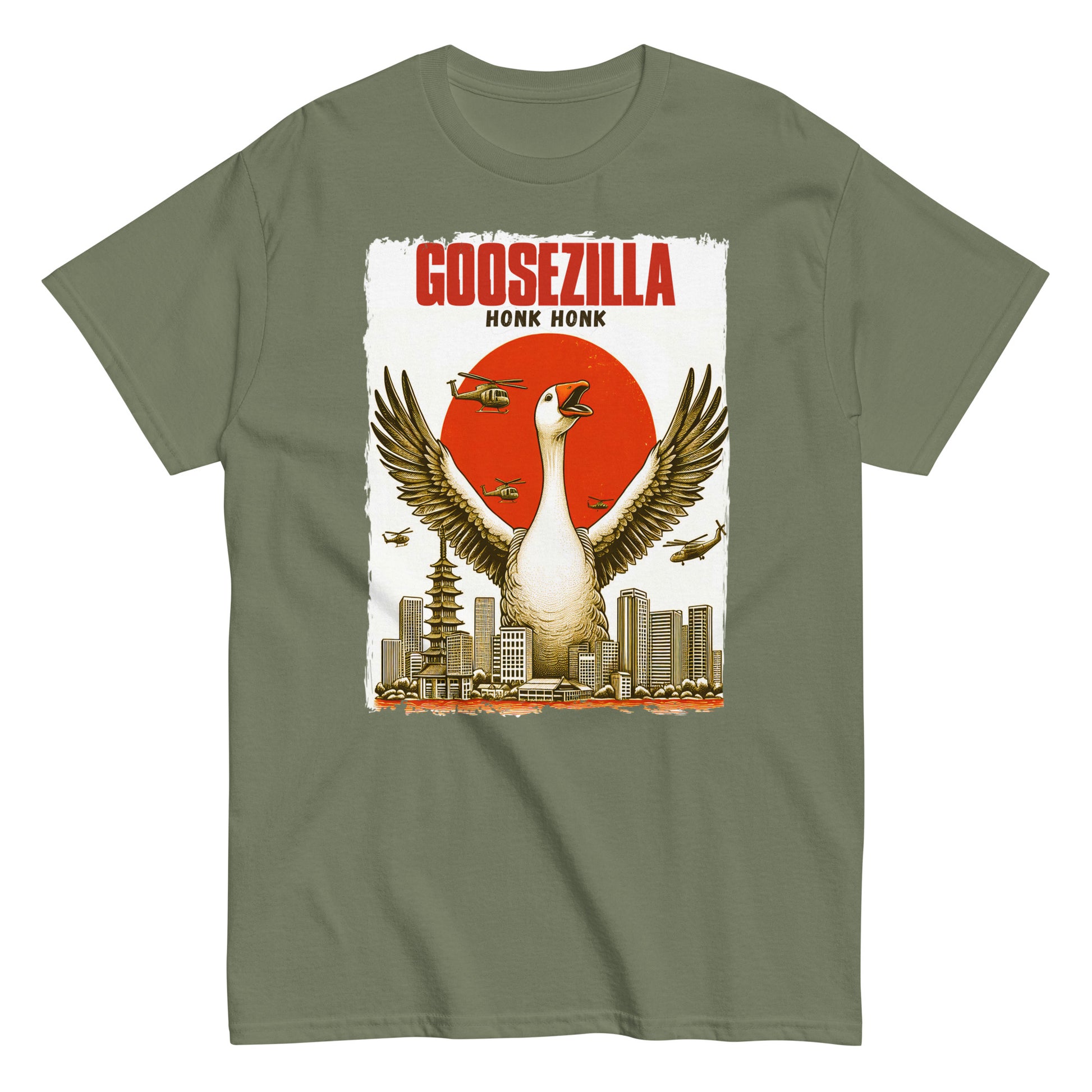 Funny Goosezilla Godzilla Spoof T-shirt, Honk Honk, military green.