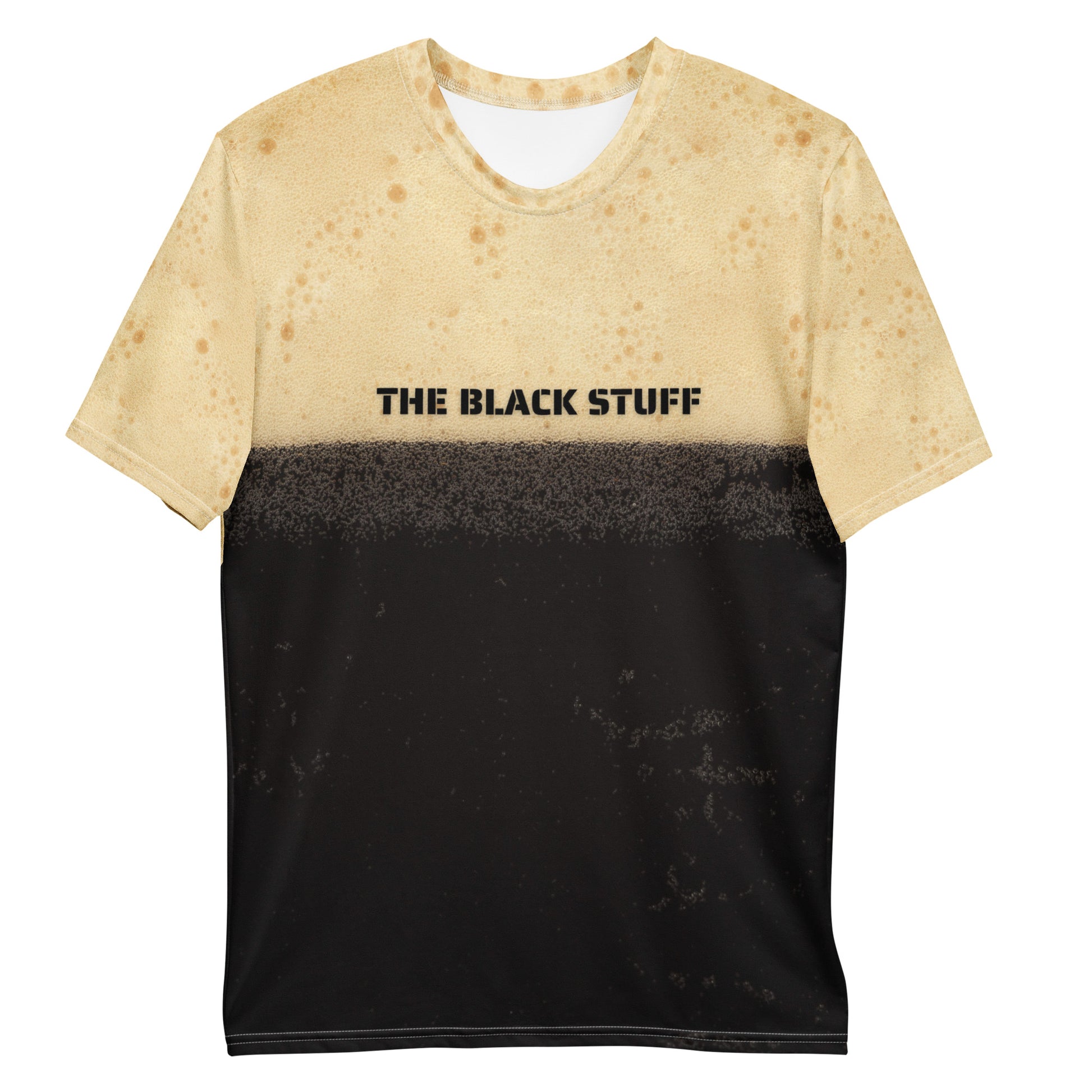 Irish stout bubbles all over print men's T-shirt, front view flat lay, text reads The Black Stuff