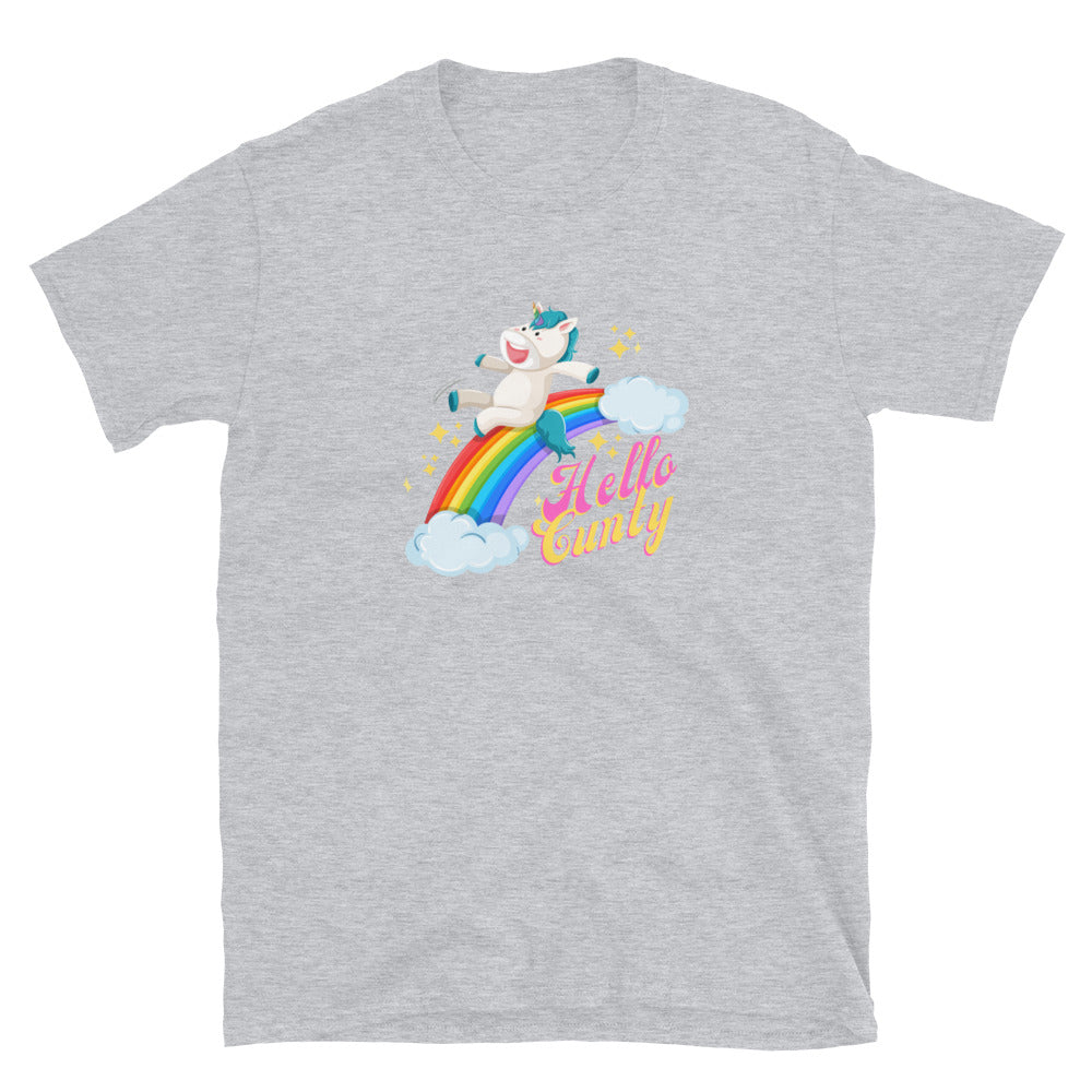 Possibly offensive T-shirt that has a unicorn sliding down a rainbow on it with text that reads Hello Cunty in sport grey