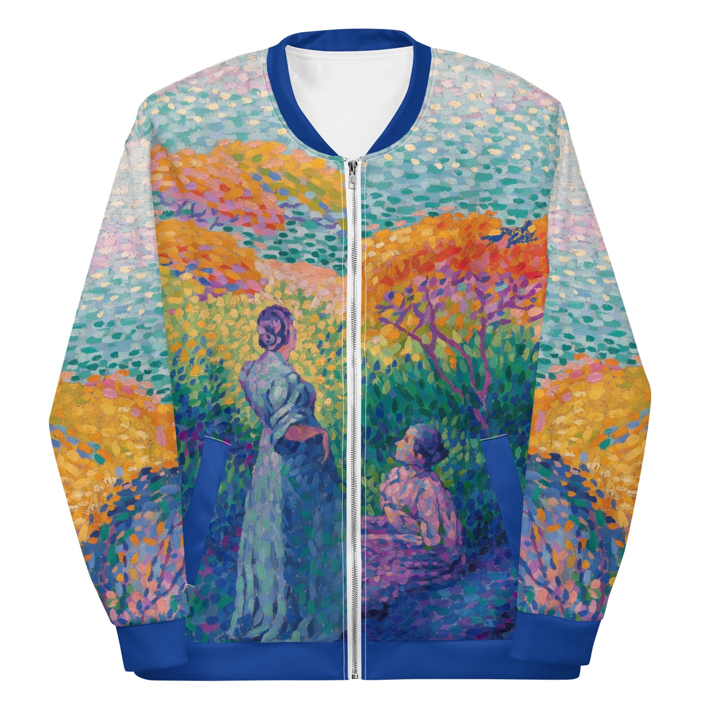 Unisex lightweight all over print bomber jacket featuring Henri Edmond Cross 'Two Women By The Shore'.