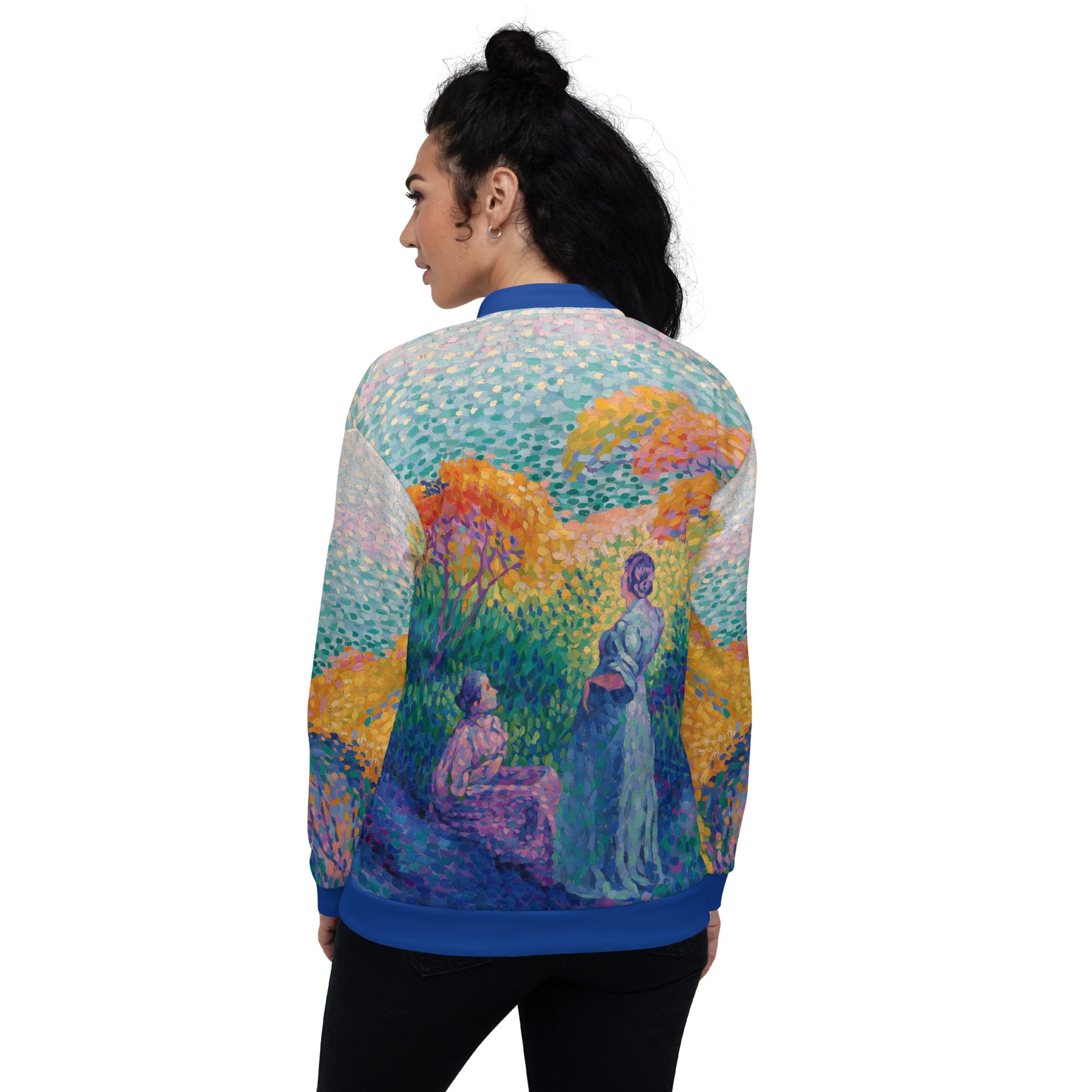 Unisex lightweight all over print bomber jacket featuring Henri Edmond Cross 'Two Women By The Shore'. Female model rear view.