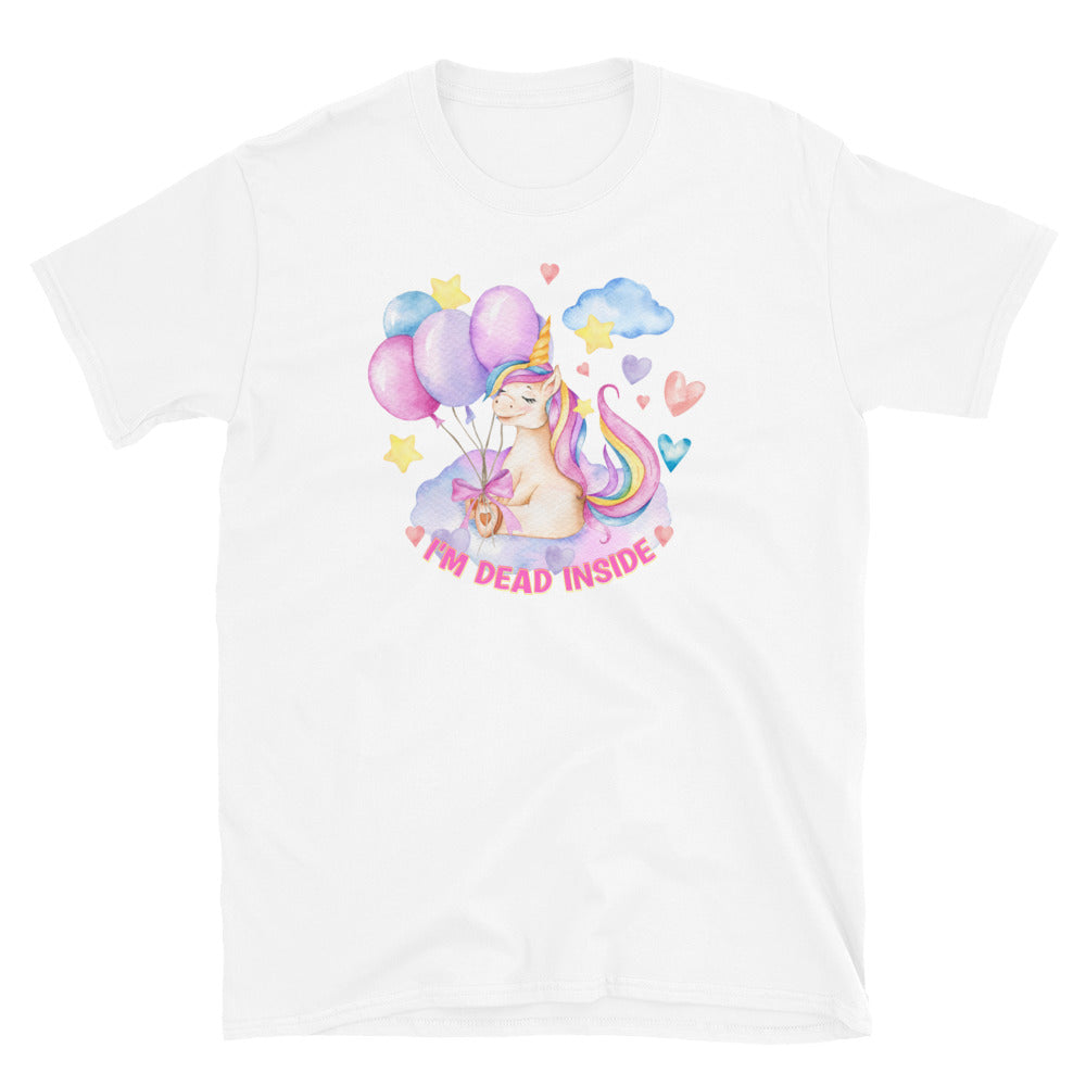 Sarcastic I'm Dead Inside T-shirt with pastel coloured unicorn design, white