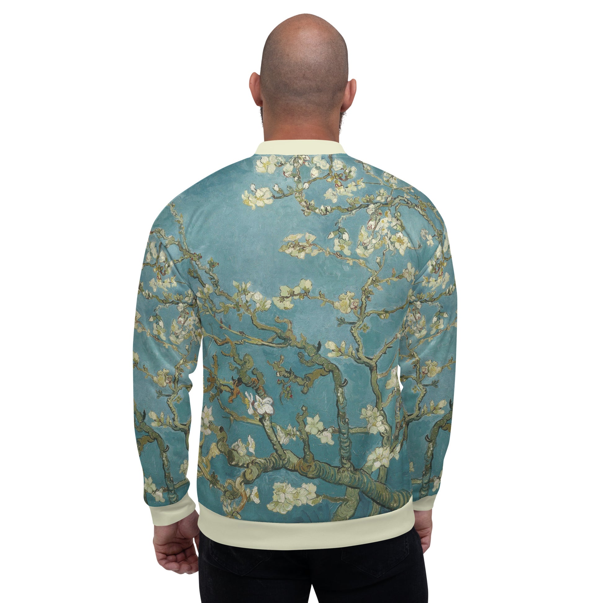 All over printed lightweight bomber style jacket featuring Vincent Van Gogh's Almond Blossom. men's.