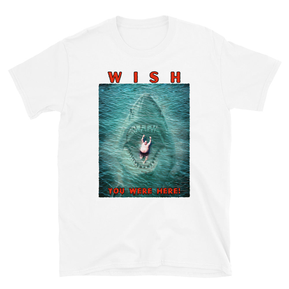 white, funny T-shirt with an image of a fat guy floating in the sea, with a large shark with its jaws open coming up underneath him, text reads, Wish you were here