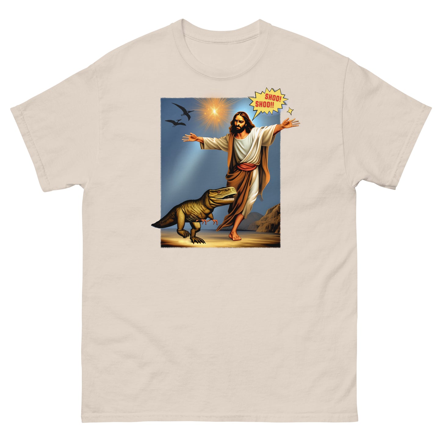 T-shirt featuring Jesus Shoo Shooing away a dinosaur with pterodactyls flying near a star design