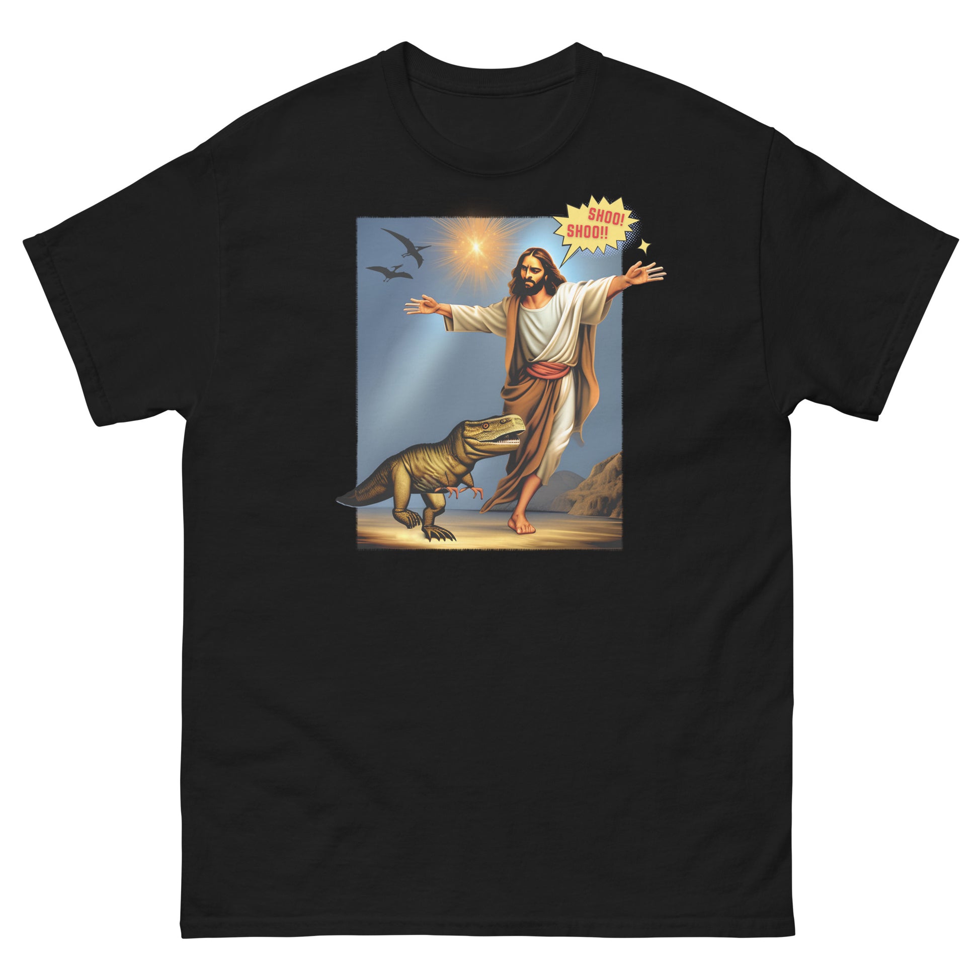 black T-shirt featuring Jesus Shoo Shooing away a dinosaur with pterodactyls flying near a star design