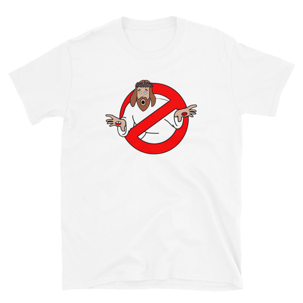 Atheism T-shirt with a graphic of Jesus inside a red warning sign in white.